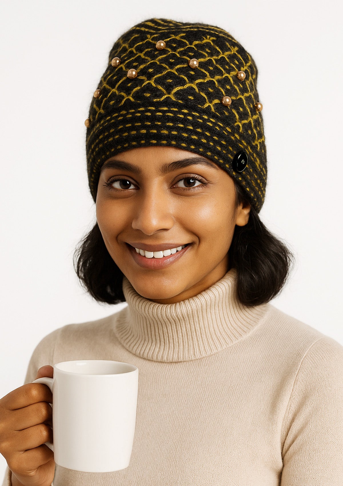 Black & Yellow Cap - Hand-Knit Fur Beanie with Decorative Pearl