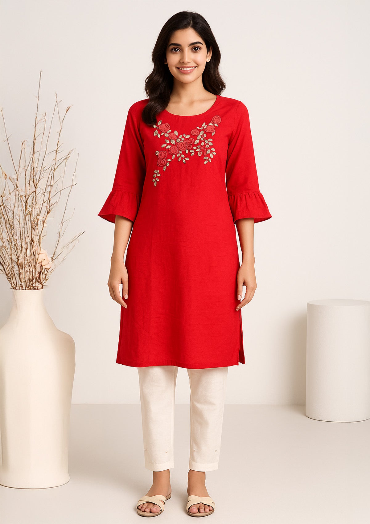 Red Kurti with 3D Floral Applique Embroidery - Golden Leaf Beadwork
