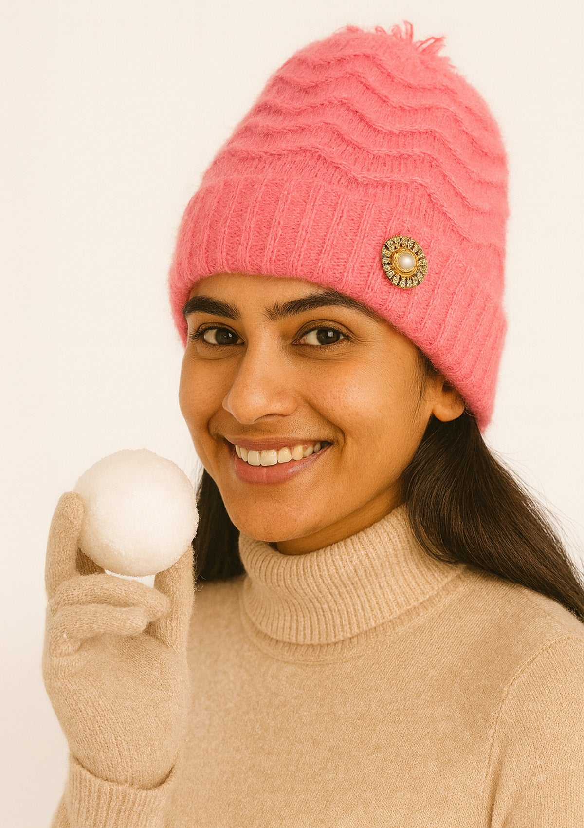 Fashion Pink Woolen Fur Winter Cap – Soft Wavy Knit Beanie