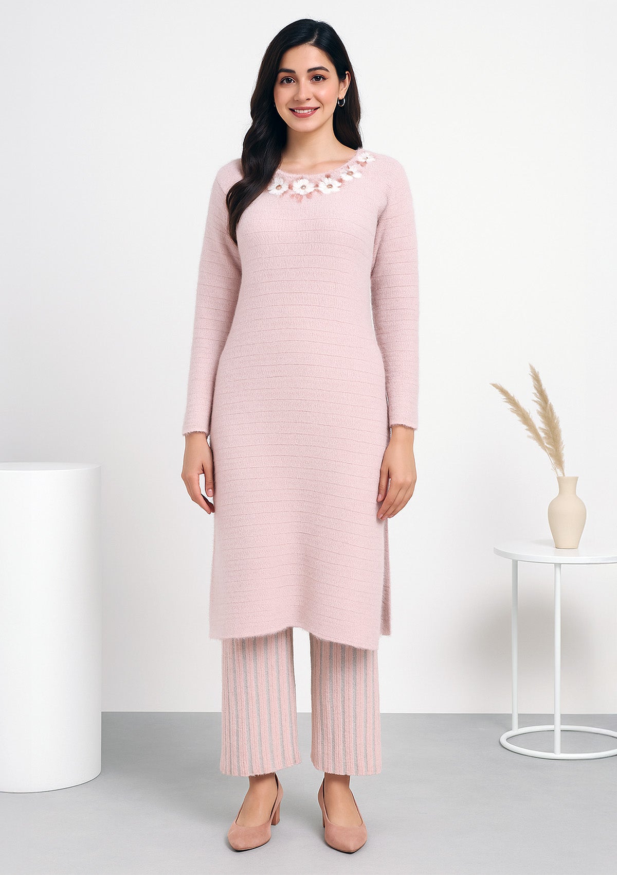 Baby Pink Feather Wool Winter Suit - Free Size Stretchable