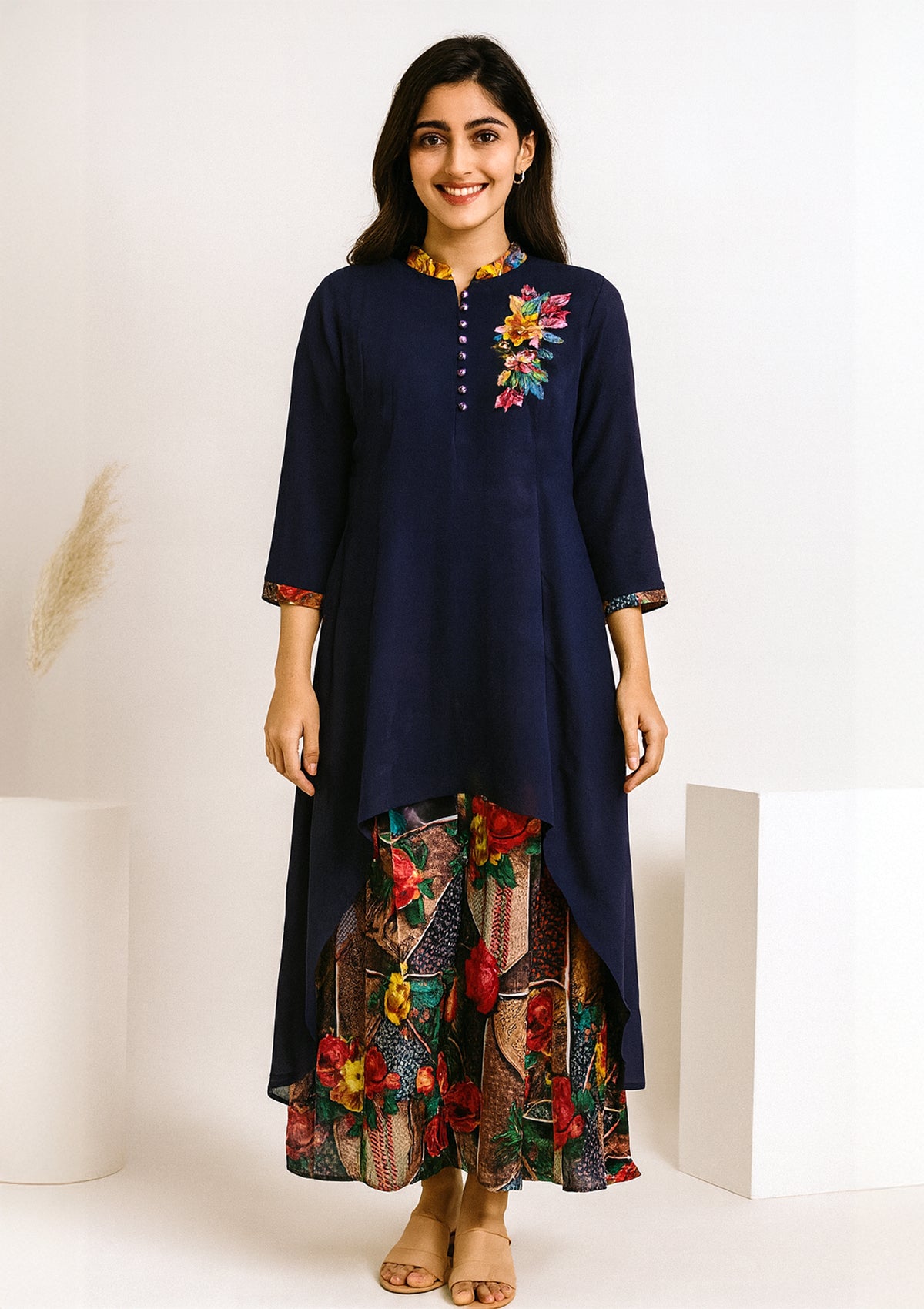 Elegant Navy Blue Georgette Layered Gown with Printed Floral Skirt