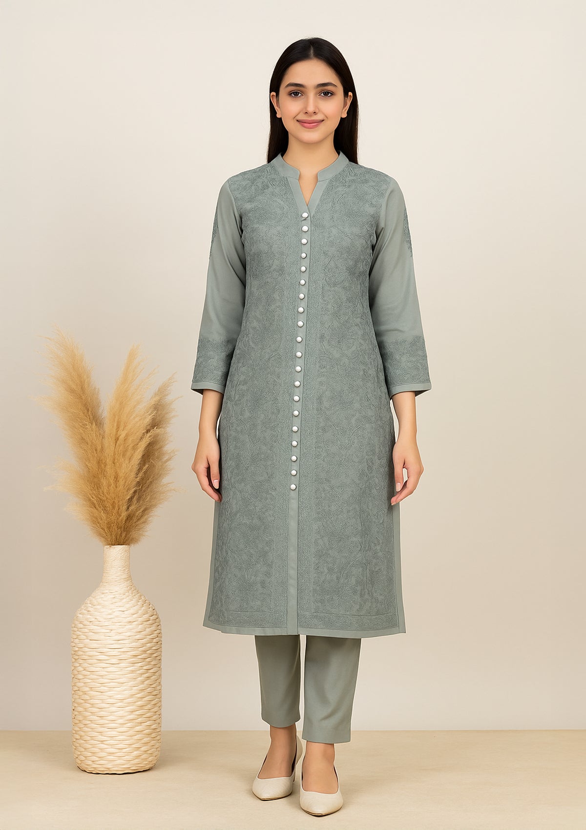 Chikankari Solid Women’s Kurta – Grey with Grey Embroidery (Georgette)