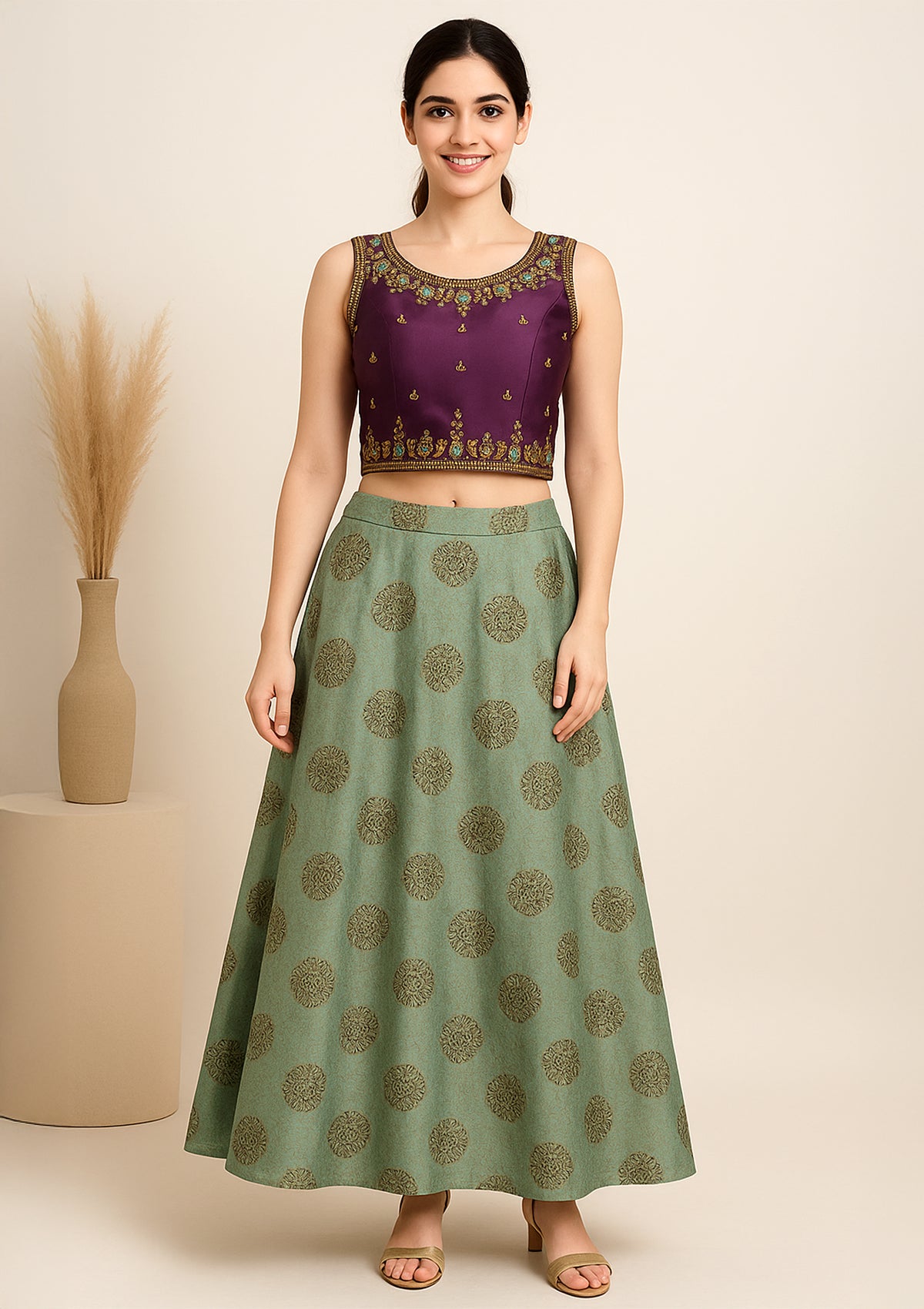 Purple & Sea Green Tafeta Silk Embroidered Crop Top Lehenga Choli