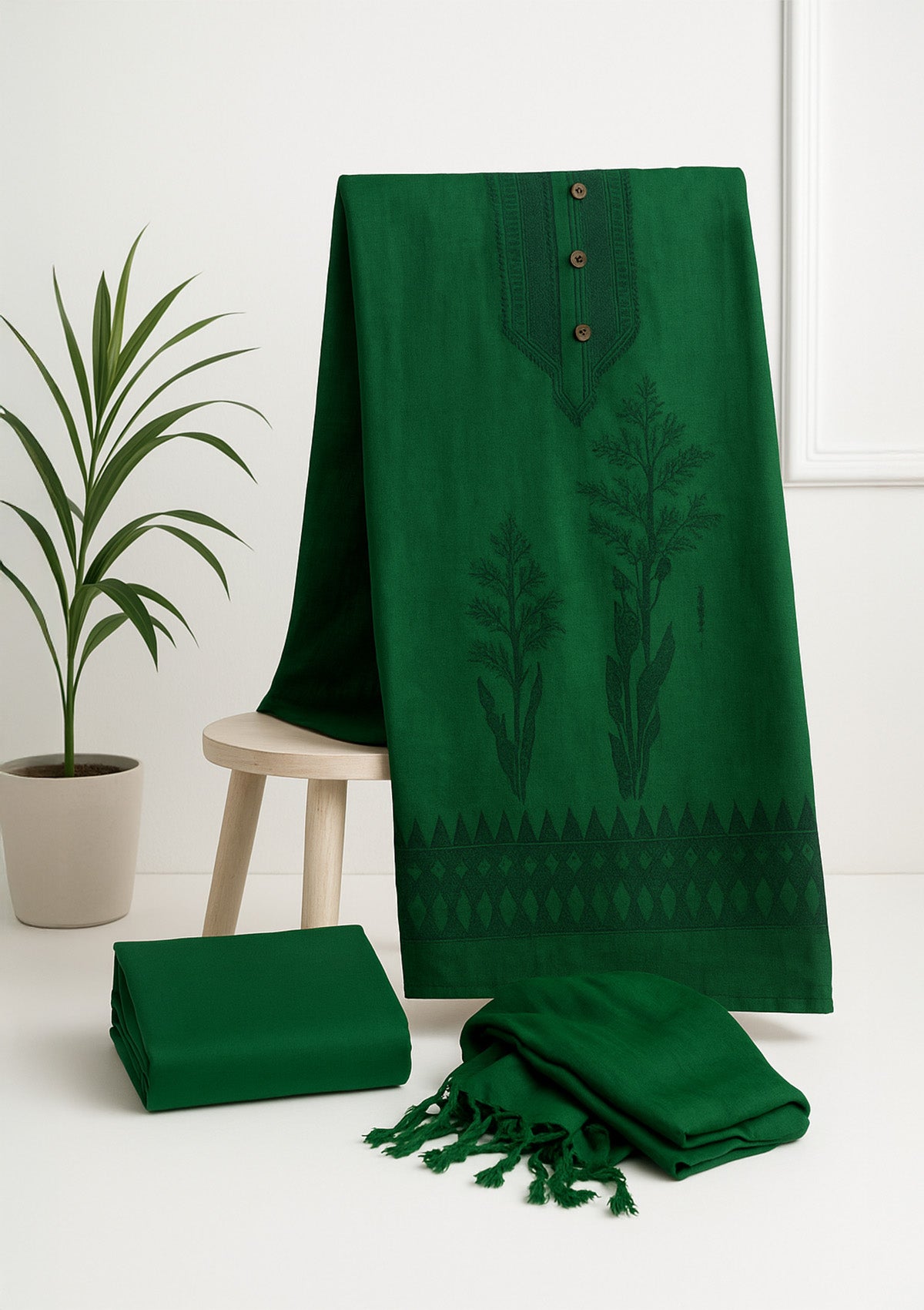 Unstitched Woolen Suit Set with Stole – Emerald Green