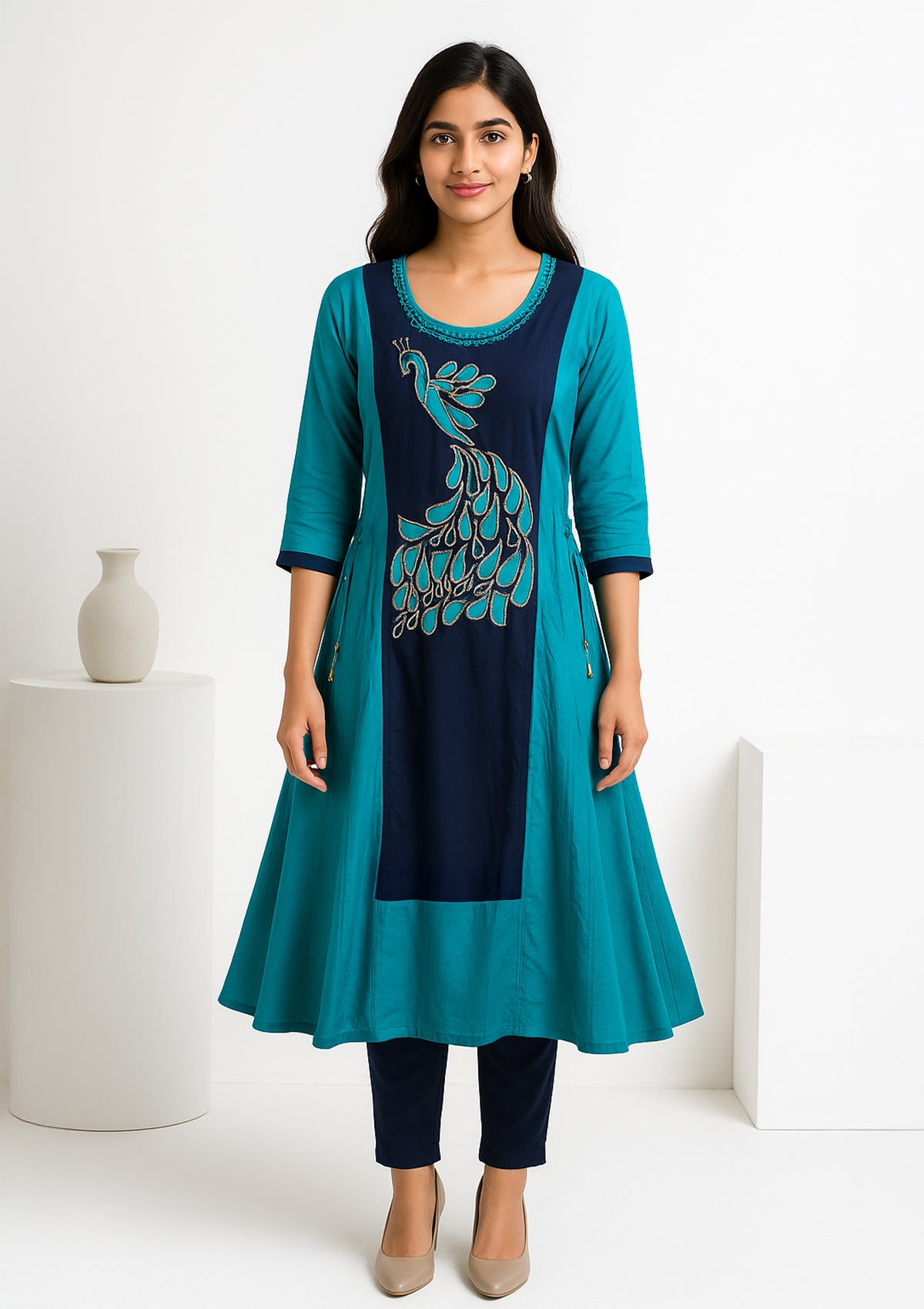 Teal Blue Designer Rayon Kurti with Peacock Motif & Layered Front