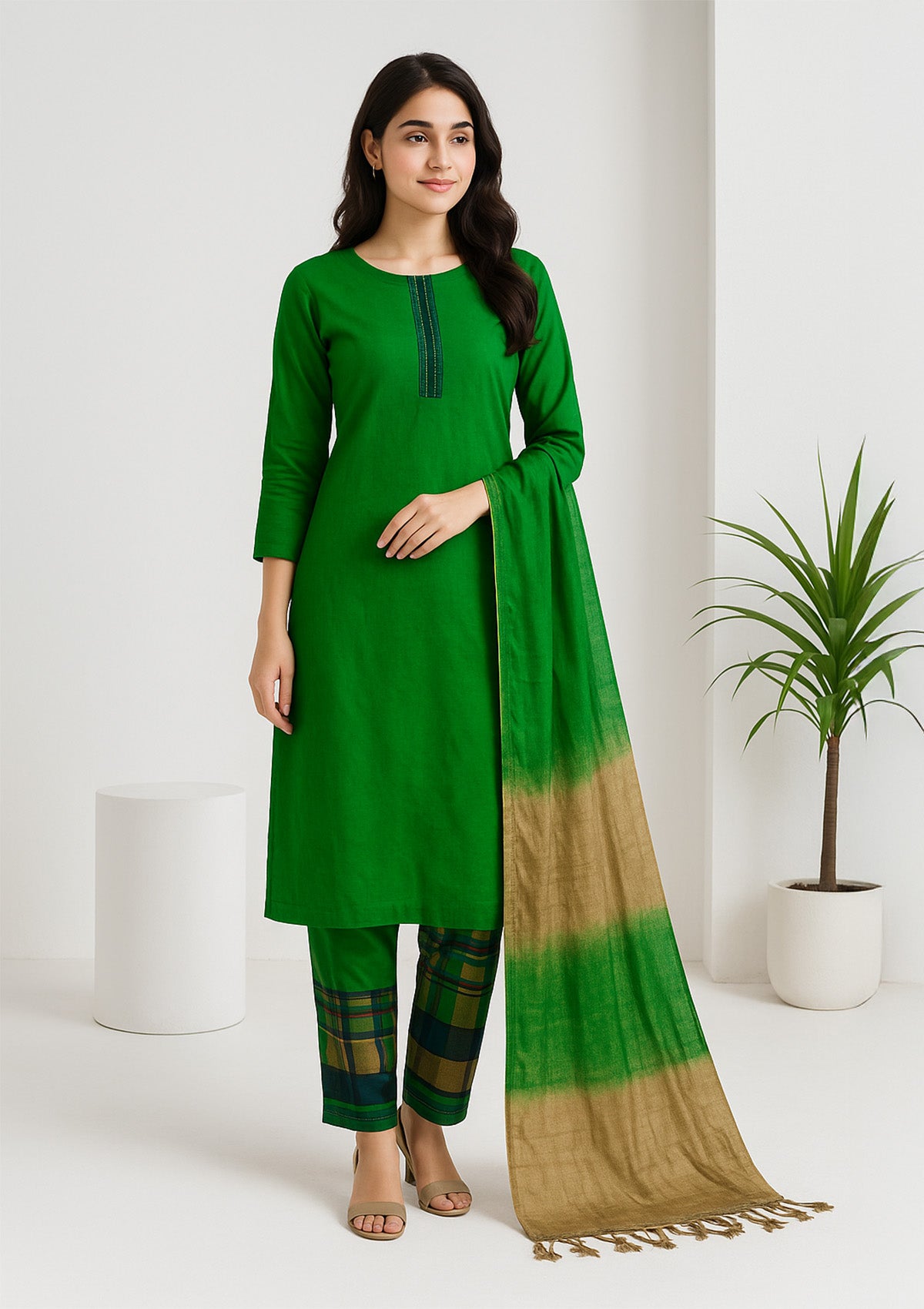 Unstitched Winter Suit Set with Stole – Emerald Green Check Print