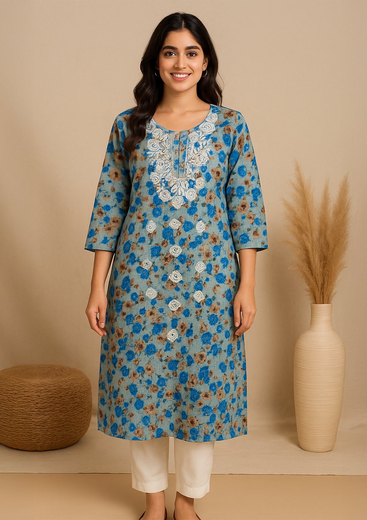 Blue Floral Kota Doria Kurti with Embroidery