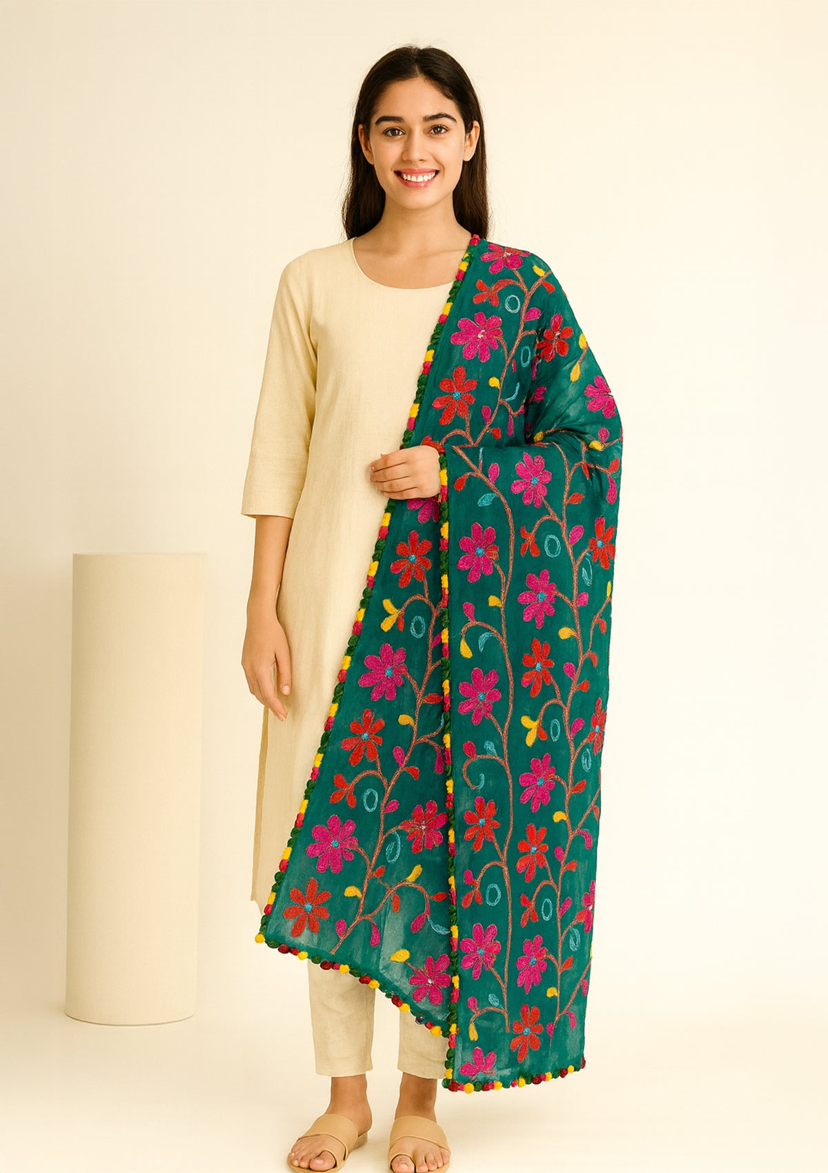Green Chiffon Phulkari Dupatta with Multicolor Floral Embroidery