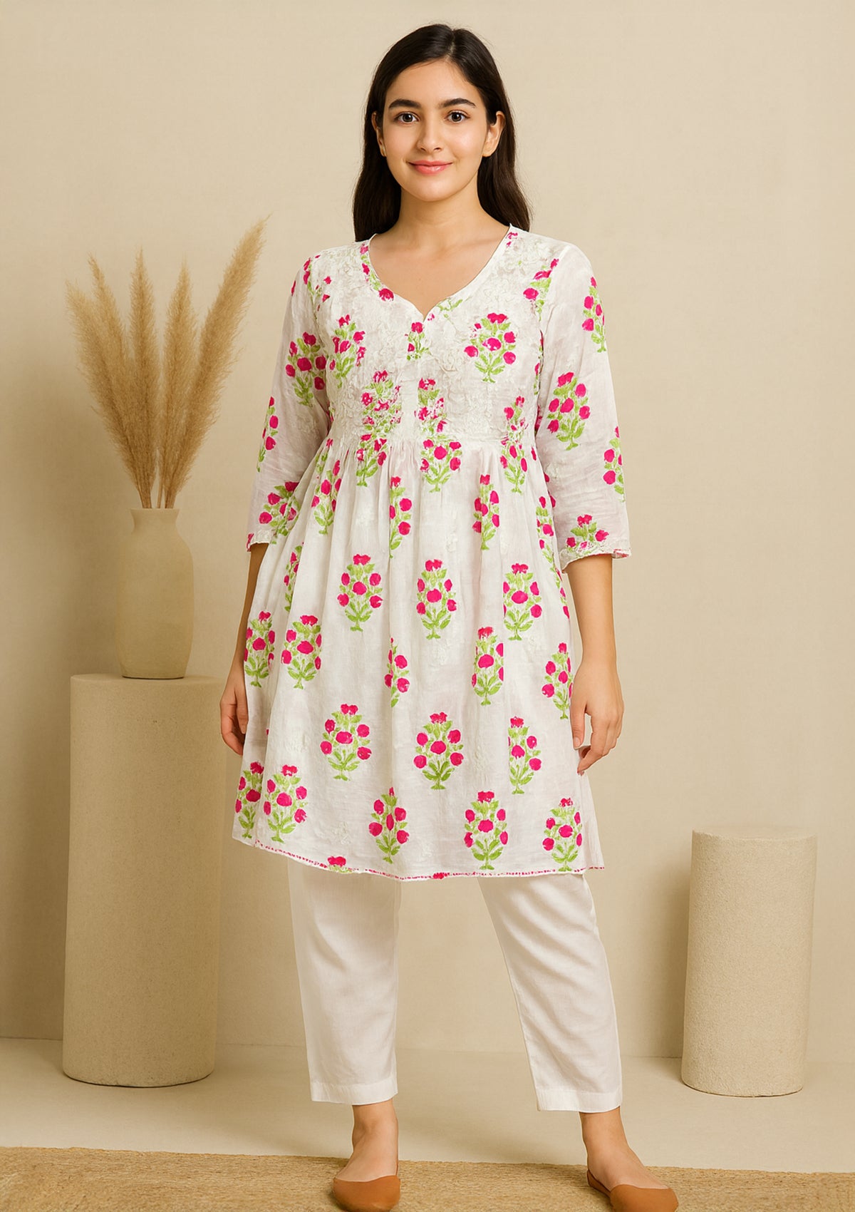 White & Pink Floral Embroidered Kurti – Cotton