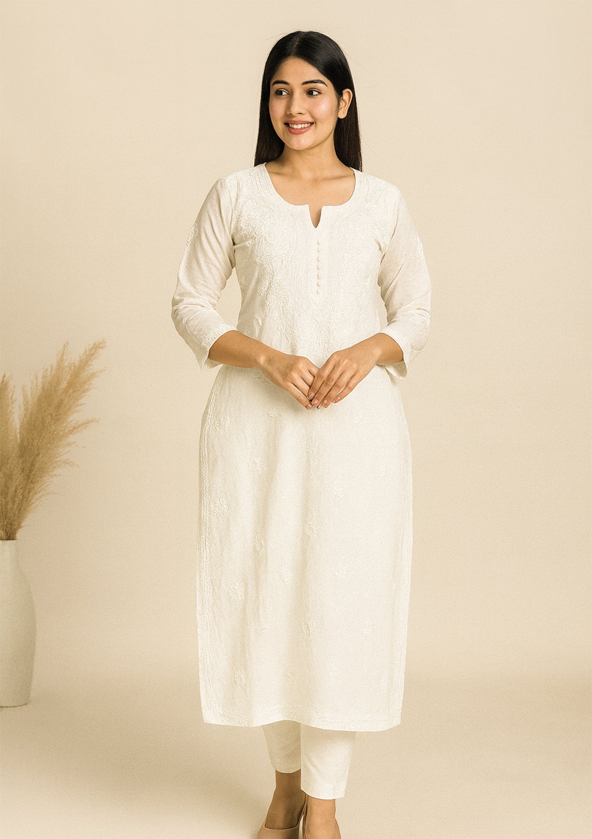 Chikankari Cotton Women’s Kurta – White on White Embroidery