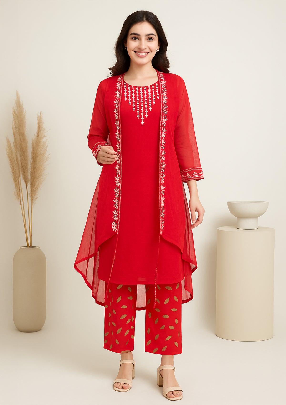 Red Embroidered Reyon Kurti Set with Palazzo & Sheer Jacket