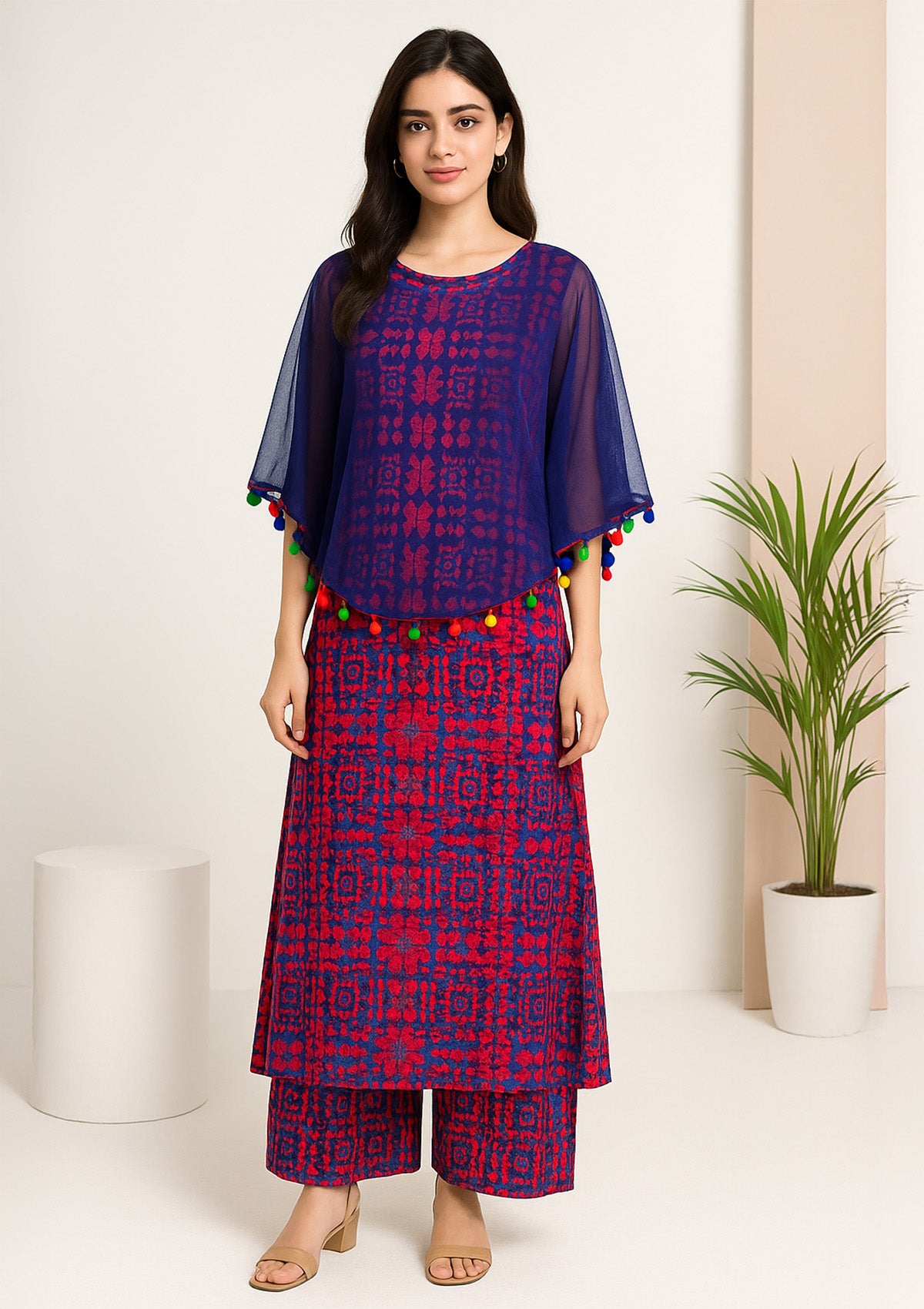 Women A-Line Kurti with Attached Net Poncho – Multicolor Mirror Dye