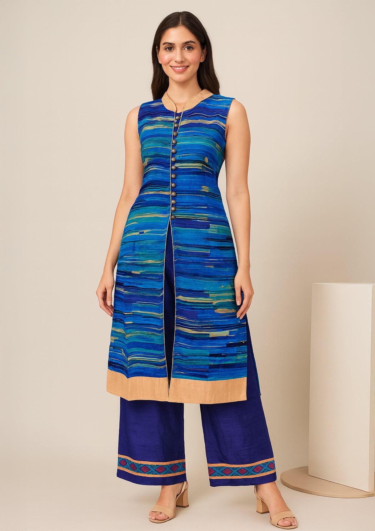 Blue Tafta Silk Kurti with Palazzo - Designer Sleeveless Long Kurta