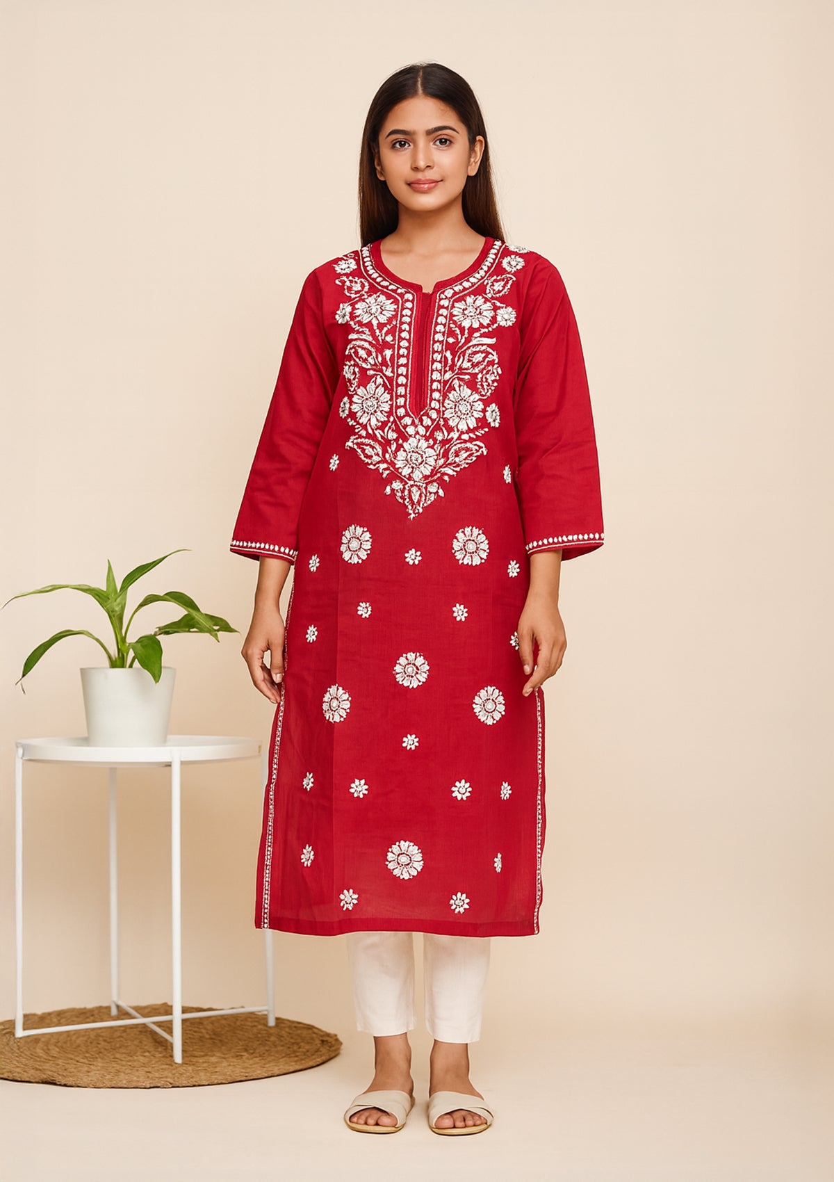Chikankari Solid Women’s Long Kurta – Red with White Embroidery