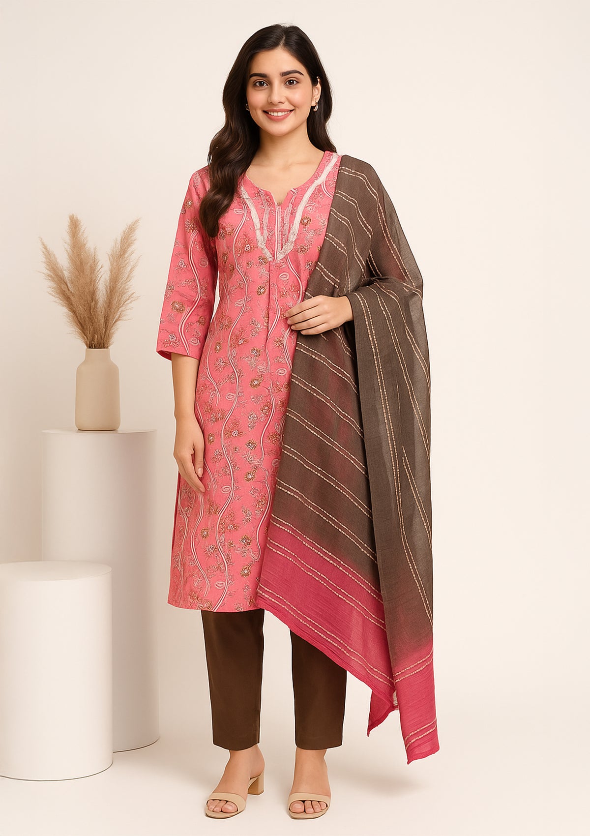 Elegant Pink Floral Printed Cotton Stitched Kurti Set with Brown Pants