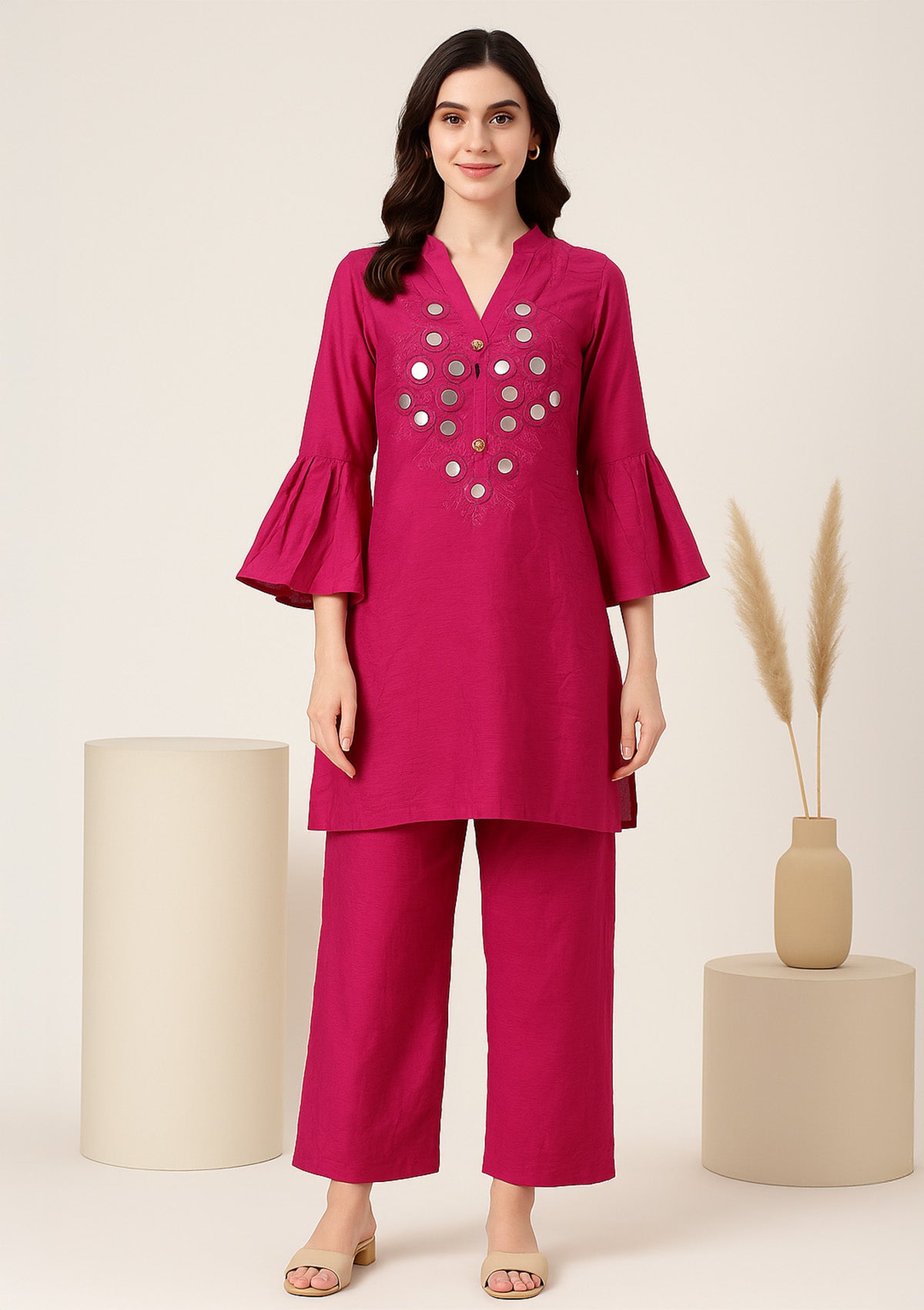 Bright Fuchsia Pink Kurti Set with Matching Pants - Mirror Work