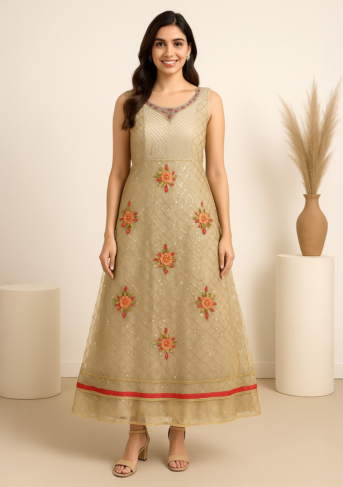 Tafta Silk & Net Embroidered Gown - Party Wear with Floral & Sequin