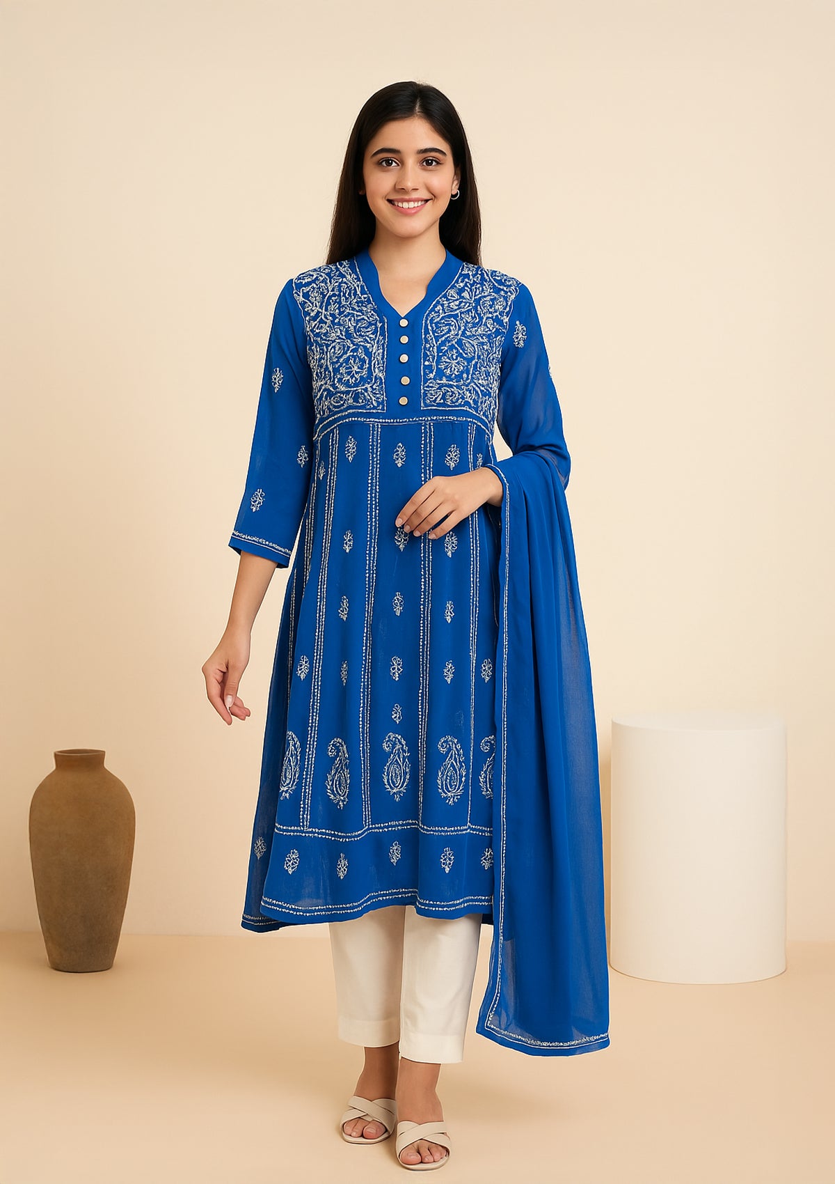 Georgette Embroidered Anarkali Kurti with Dupatta – Sheer Elegance