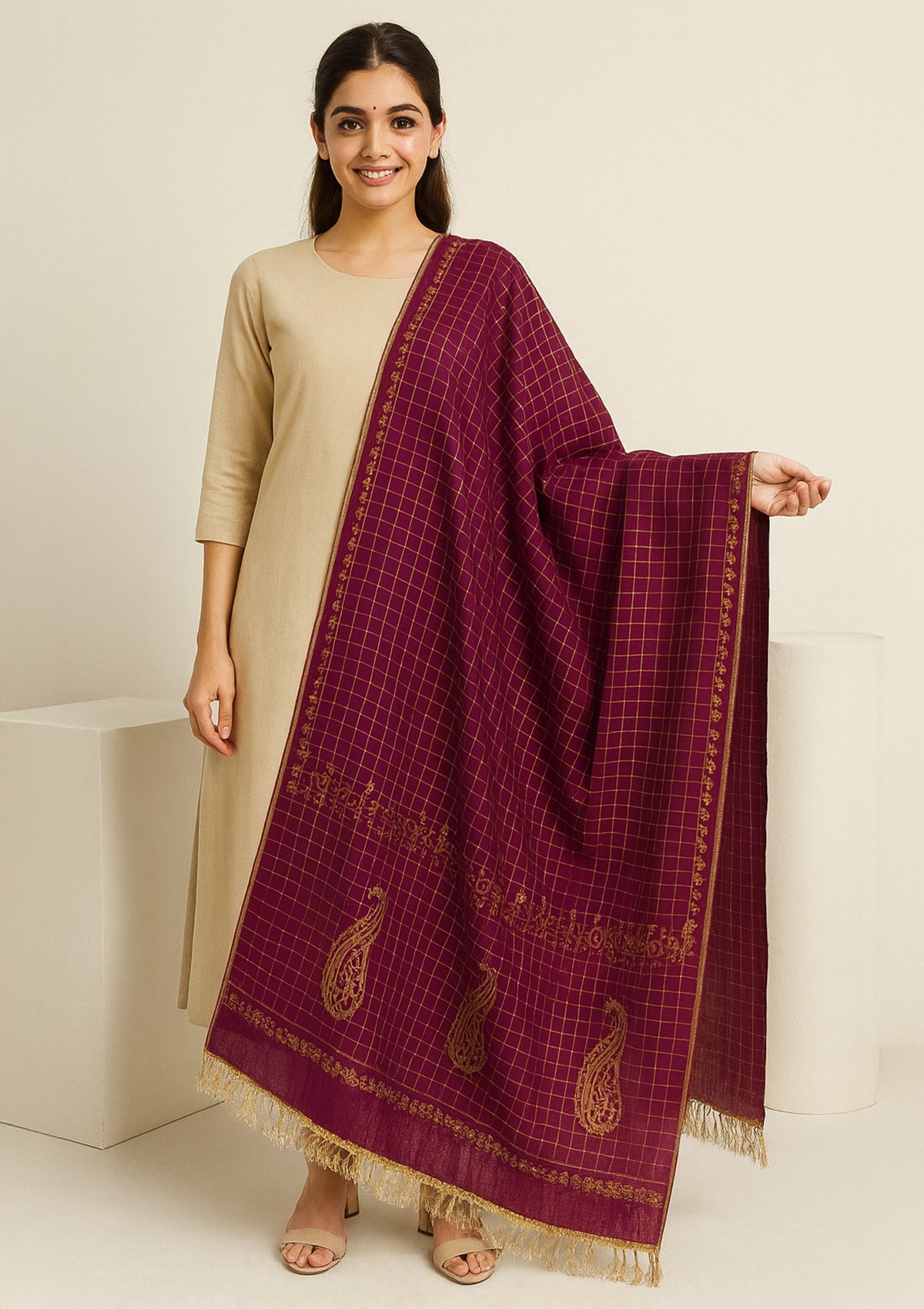 Maroon Silk Dupatta with Golden Checkered Weave and Paisley Motifs
