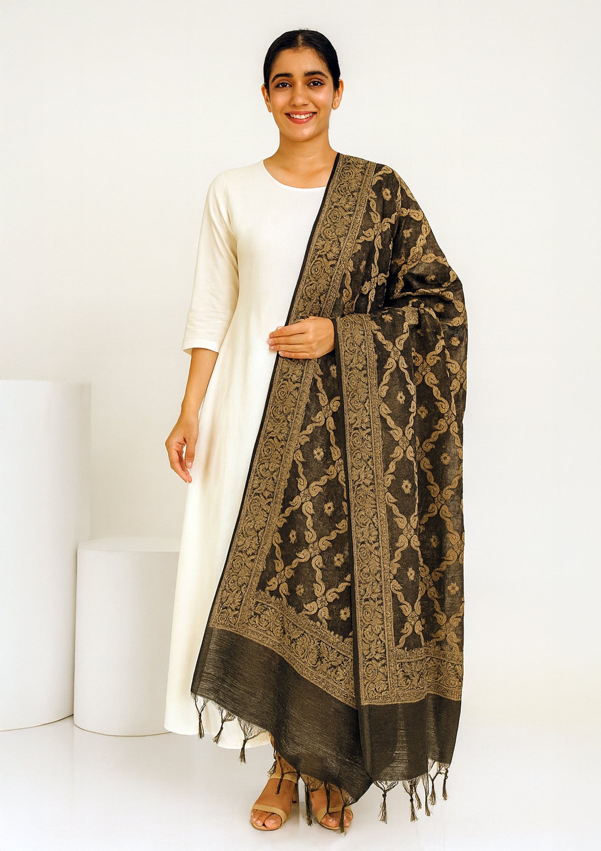Brown Chanderi Silk Dupatta with Floral Weaving and Ethnic Border
