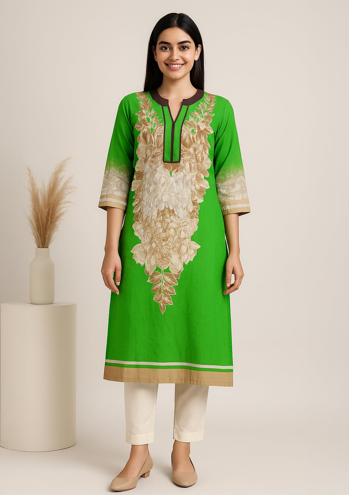 Refreshing Bright Green Floral Printed Rayon Kurti