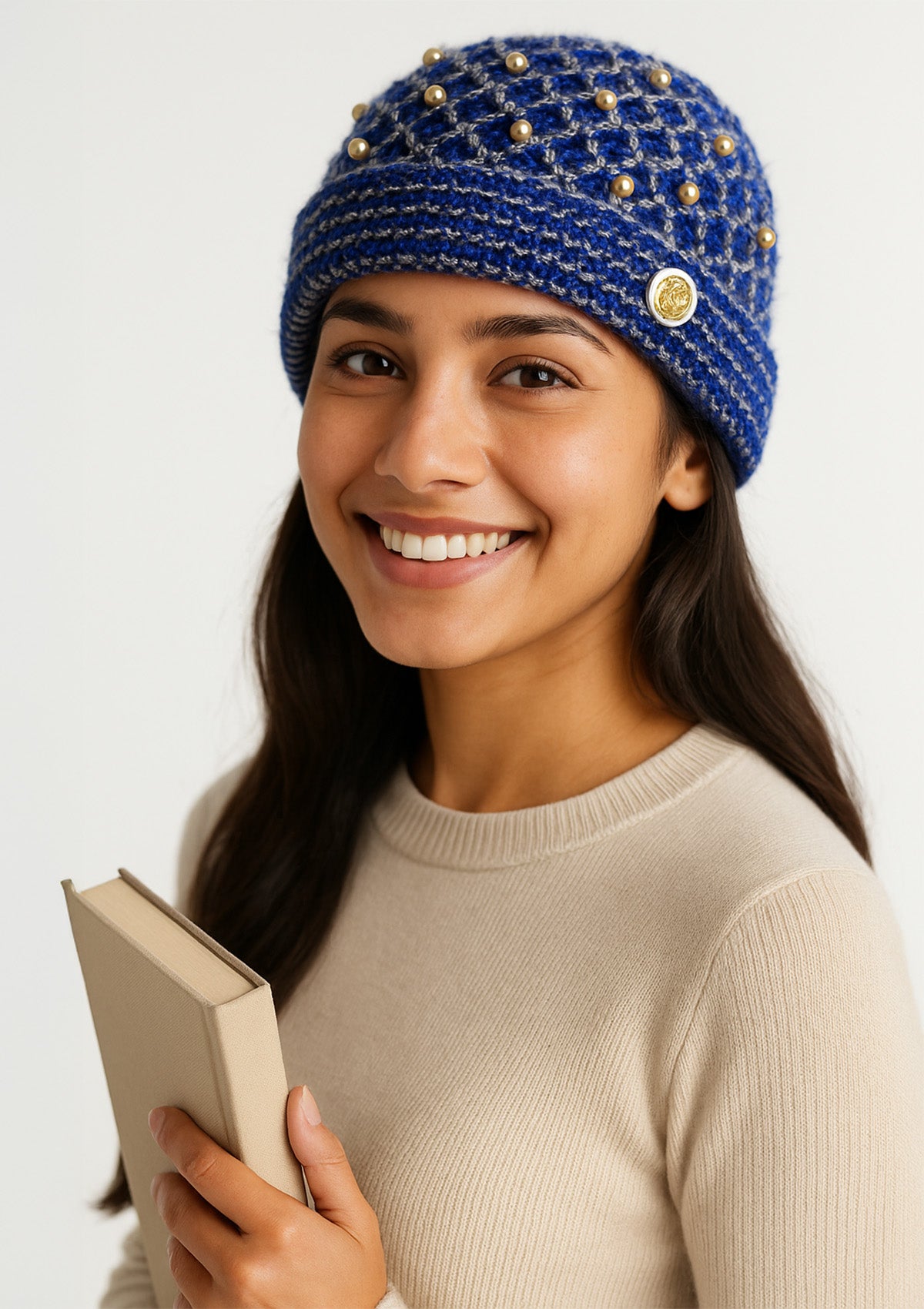 Women’s Blue Pearl Embellished Woolen Cap – Handcrafted Beanie