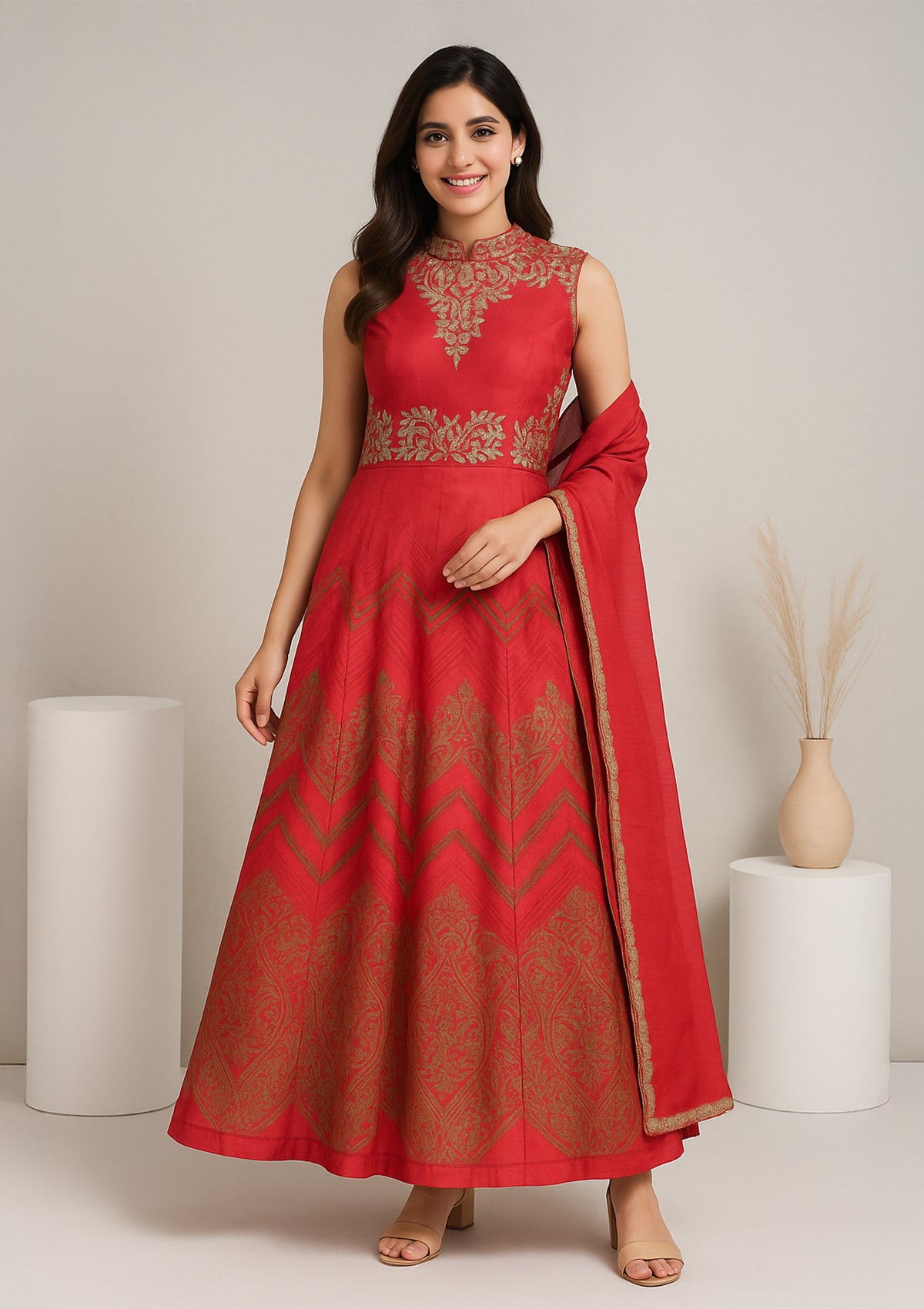 Coral Red Chanderi Silk Embroidered Anarkali Gown with Dupatta