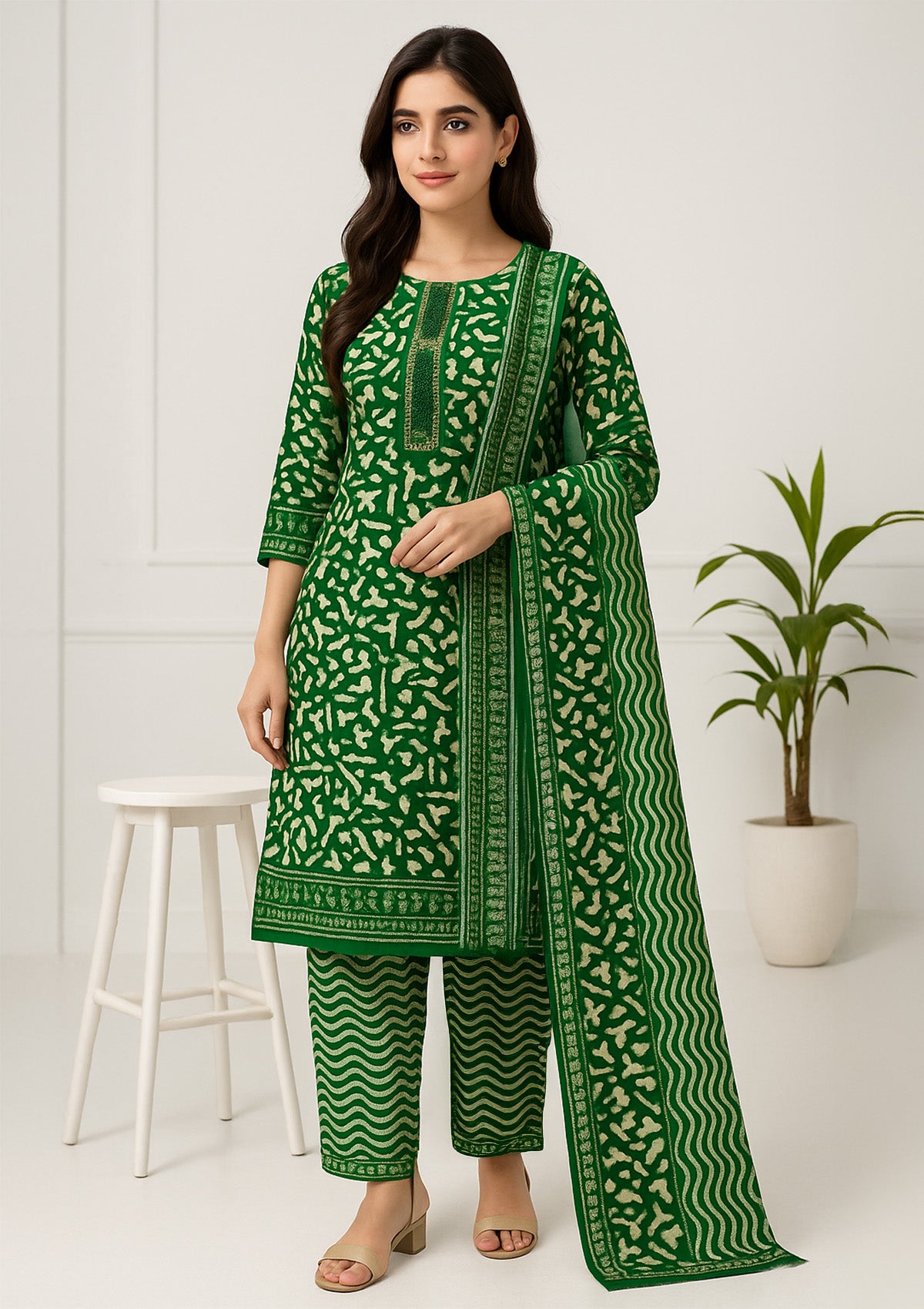 Unstitched Winter Suit Set with Stole – Green Print Soft Warm