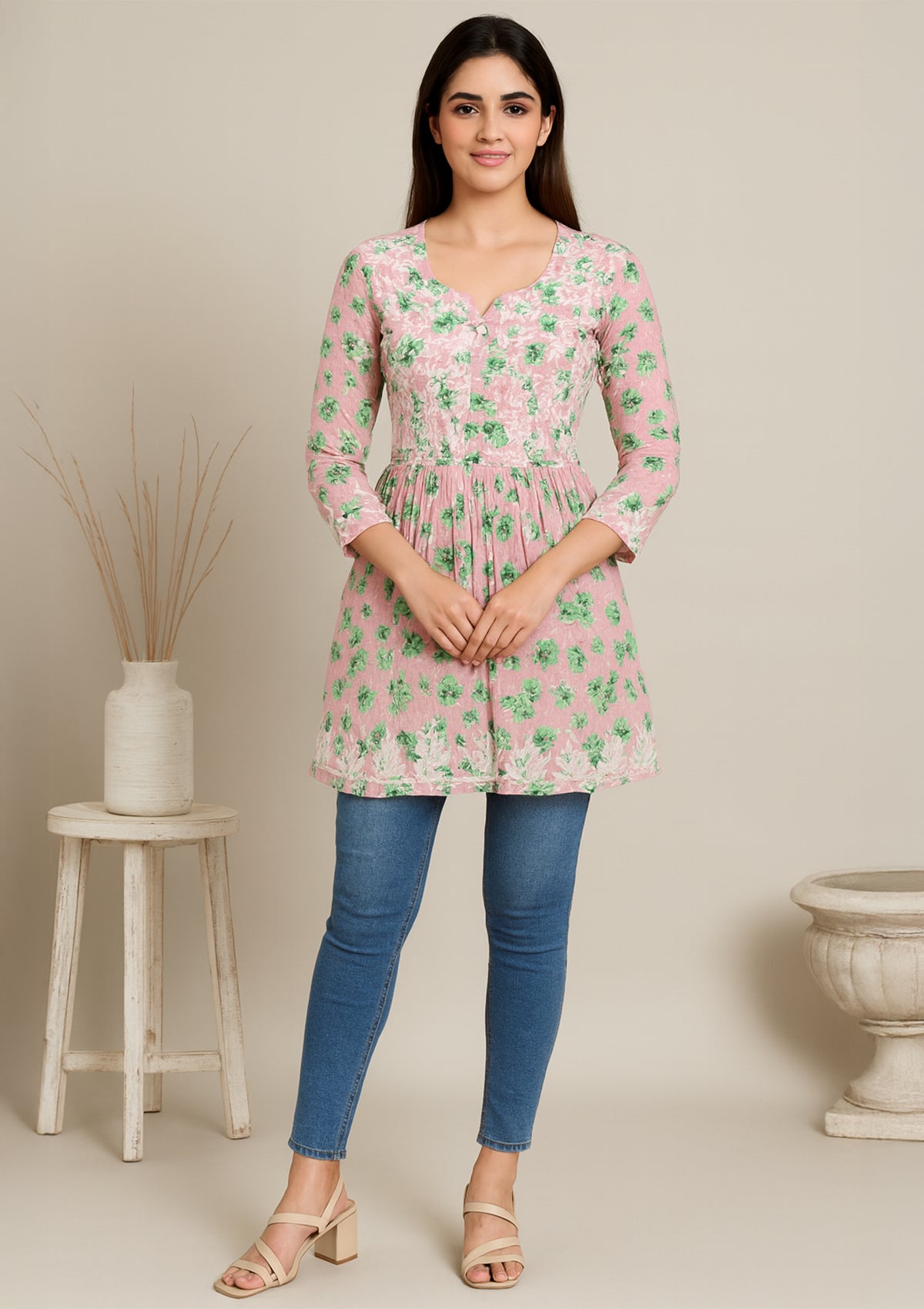 ClothingSutra Pink Floral Cotton Kurti with Chikankari Embroidery – Short 36