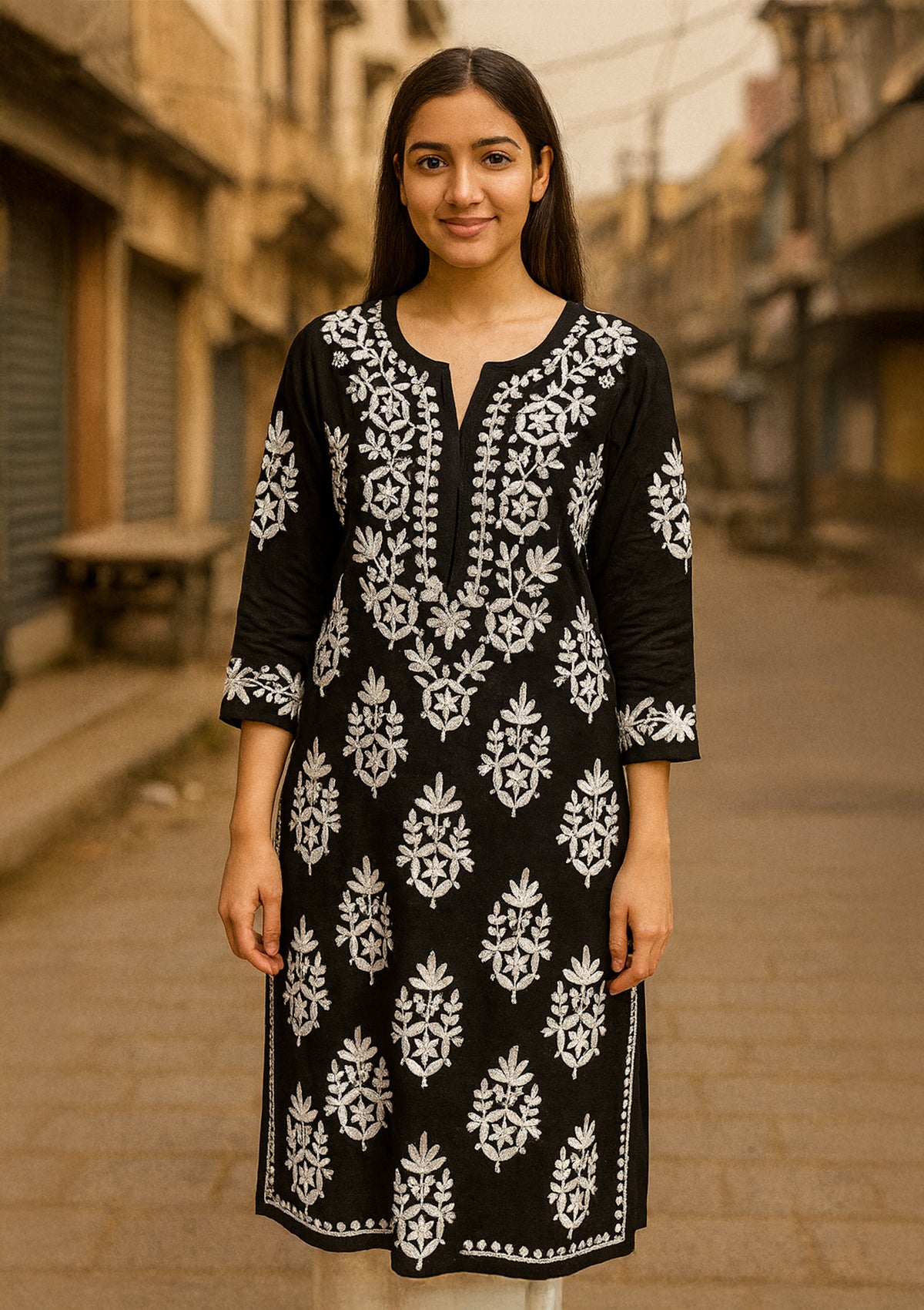 Chikankari Solid Women’s Long Kurta – Black Heritage Floral