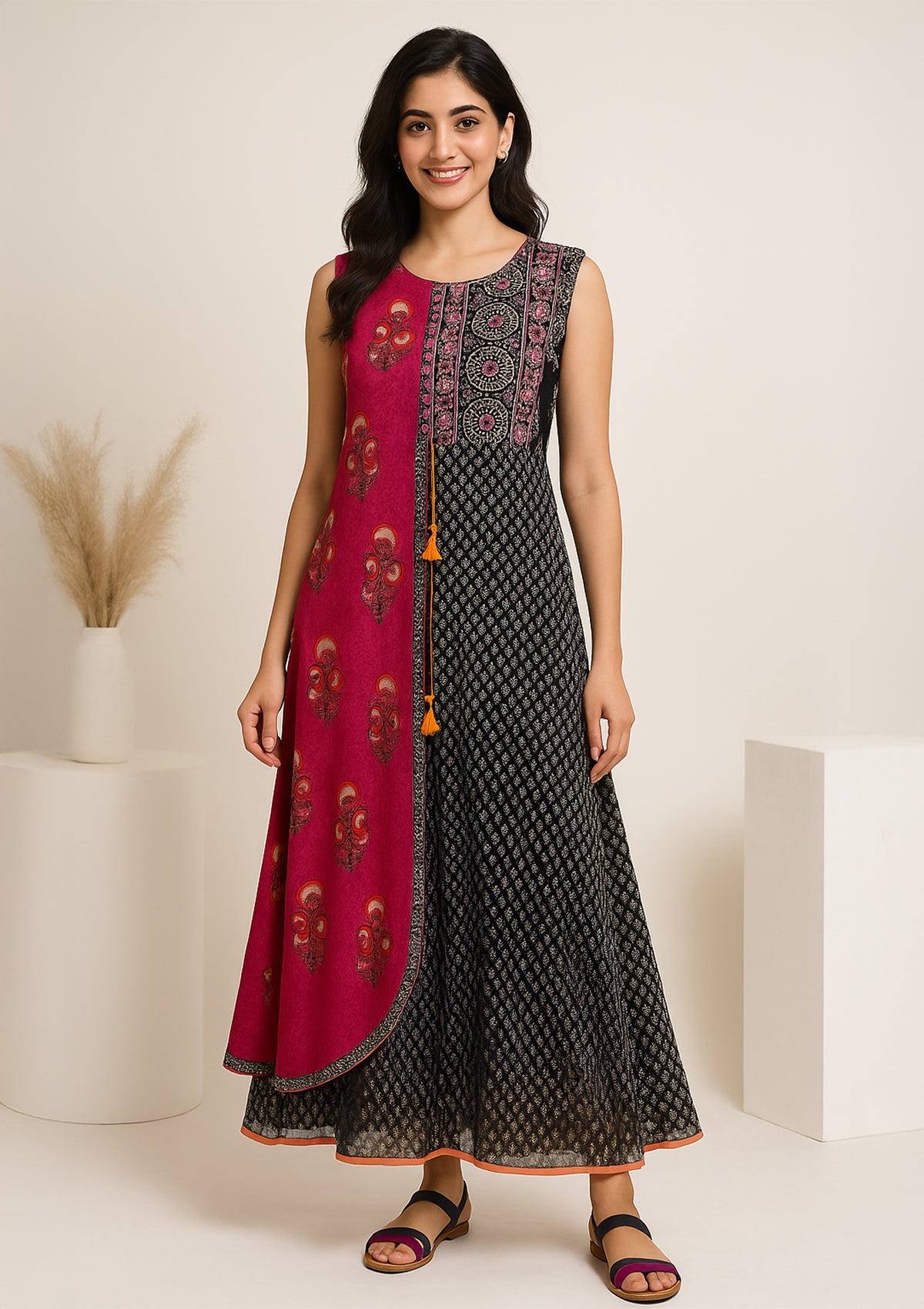 Black & Pink Printed Georgette Long Gown – Sleeveless Dual-Tone
