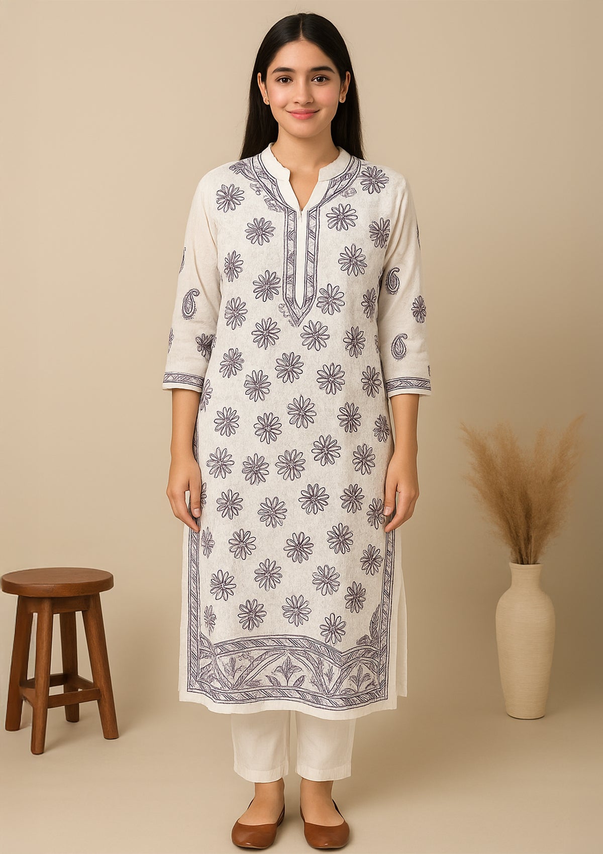 ClothingSutra Elegant White Cotton Kurti with Purple Embroidery 38