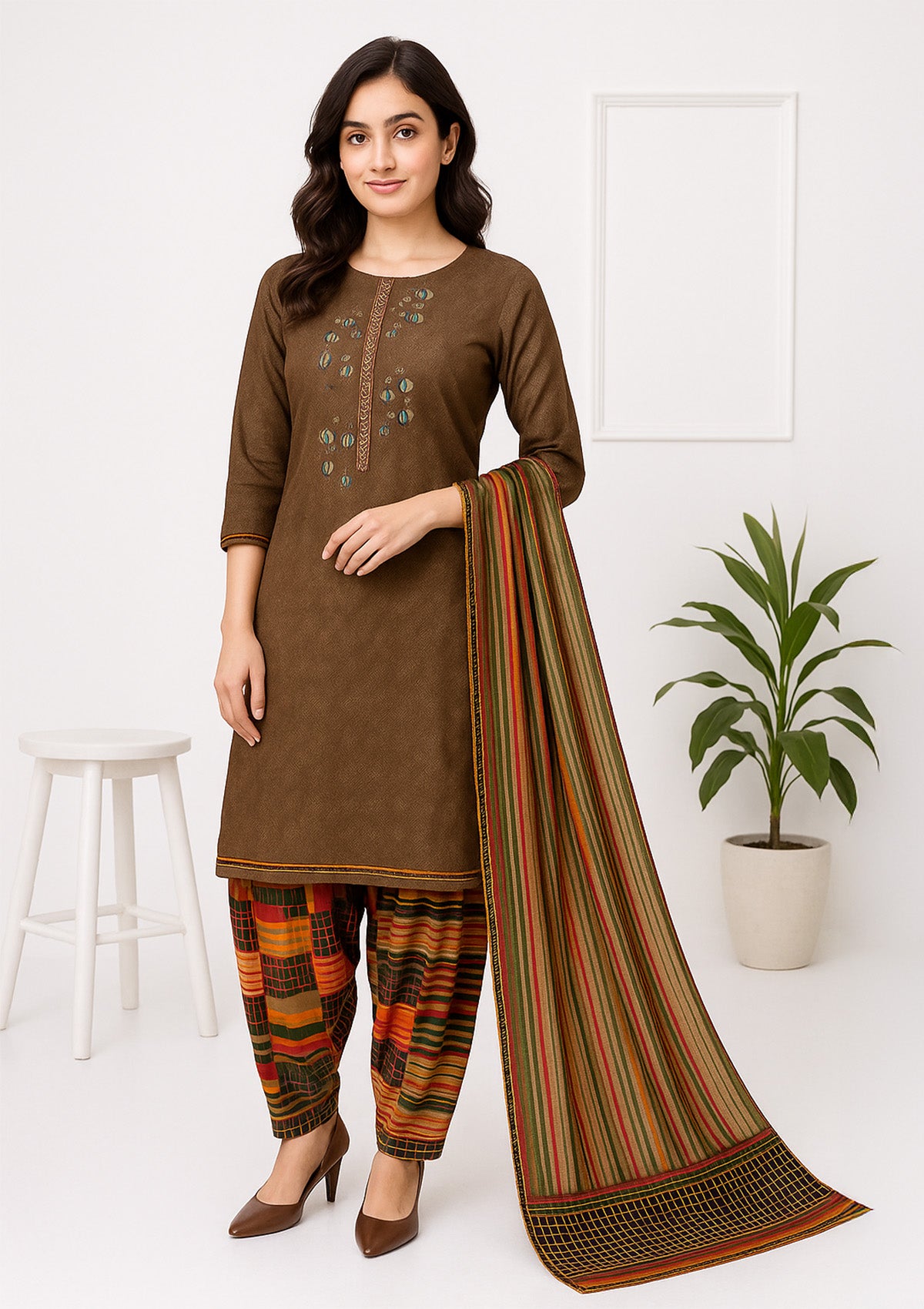 Unstitched Winter Suit Set with Stole – Coffee Brown Embroidered Kurti