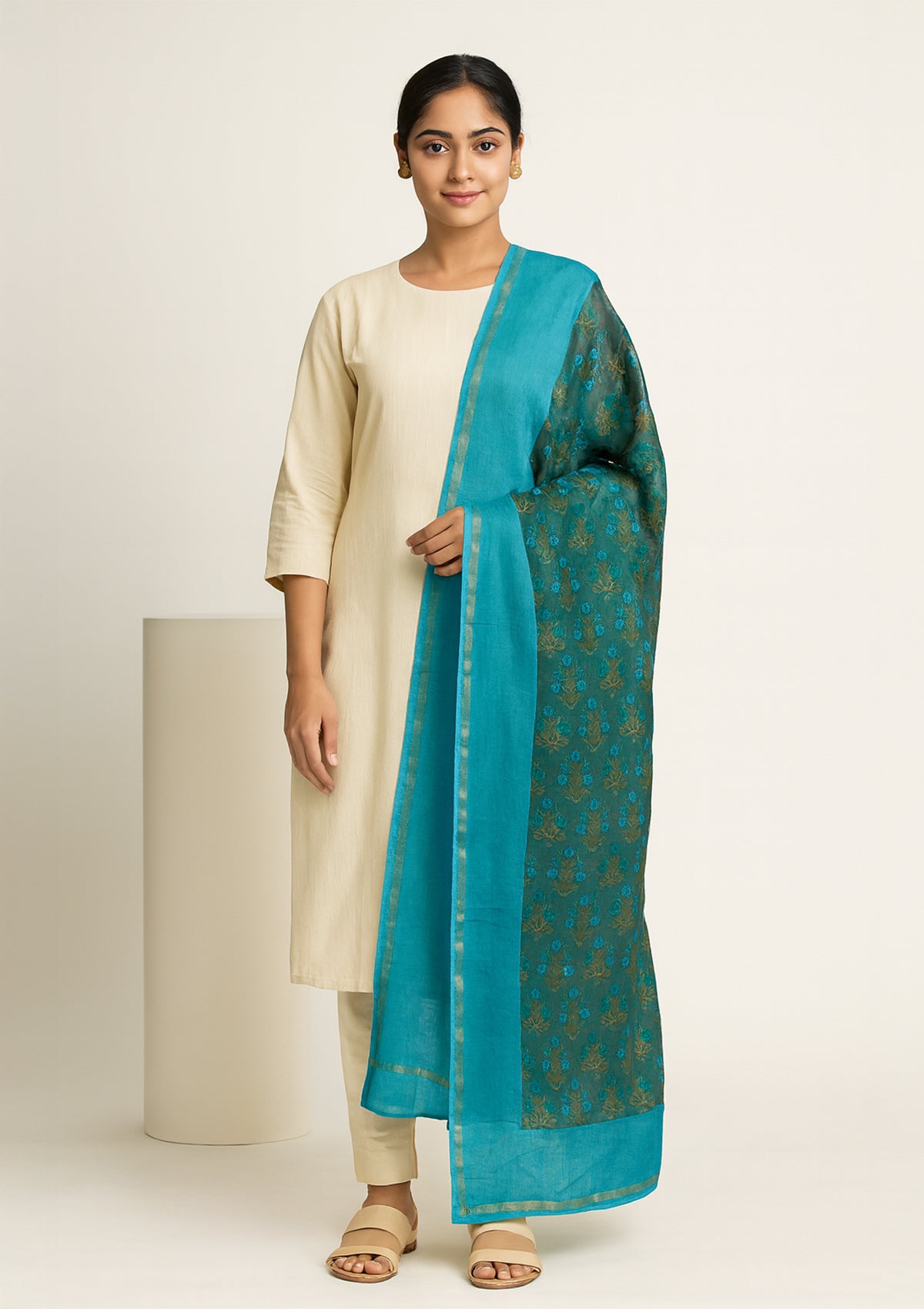 Elegant Blue & Green Floral Silk Dupatta with Contrast Border