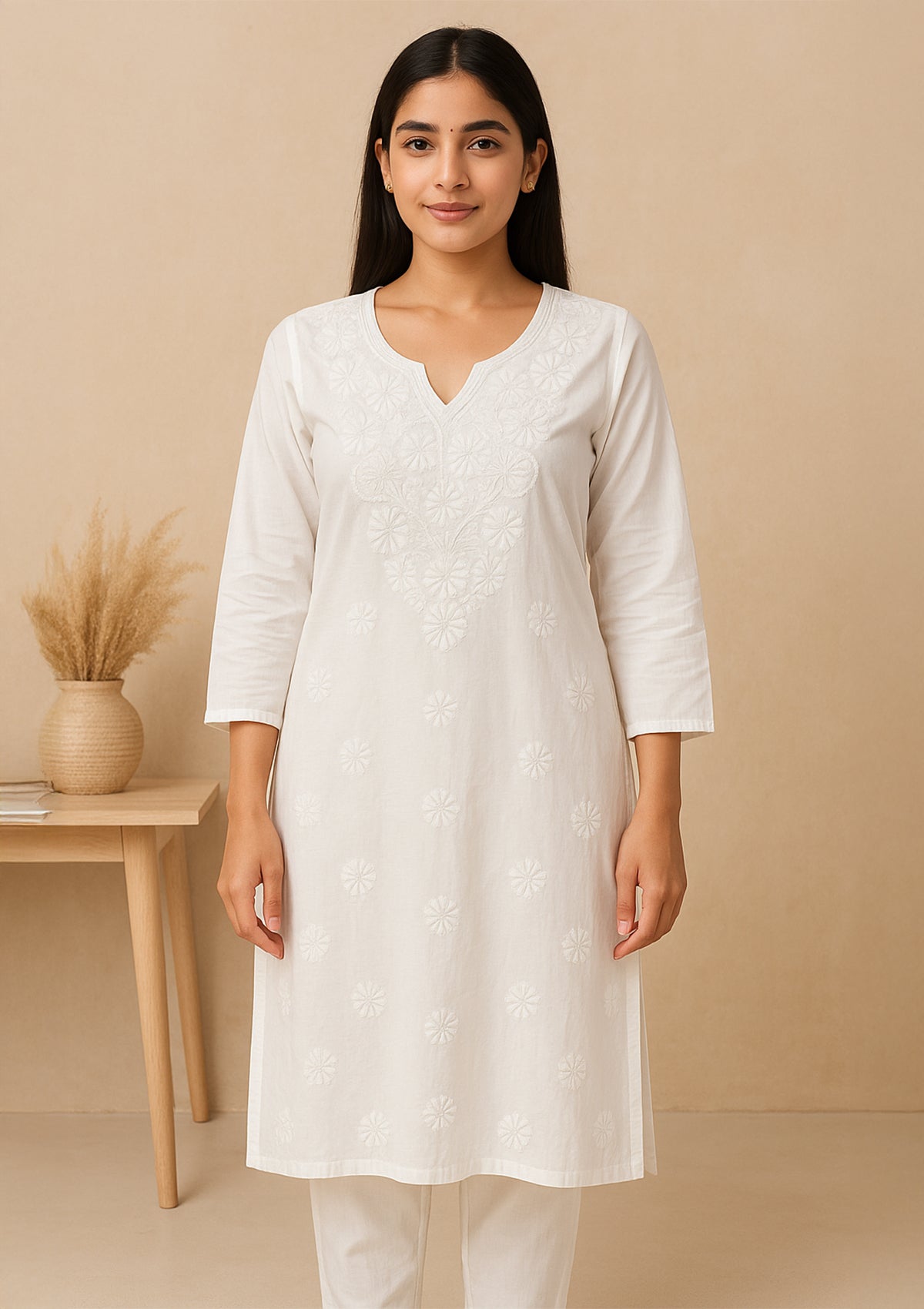 Chikankari Cotton Women’s Kurta – White on White Embroidery