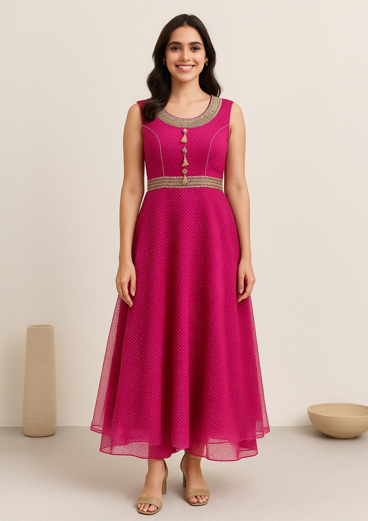 Elegant Pink Net Anarkali Gown – Sleeveless Designer Dress