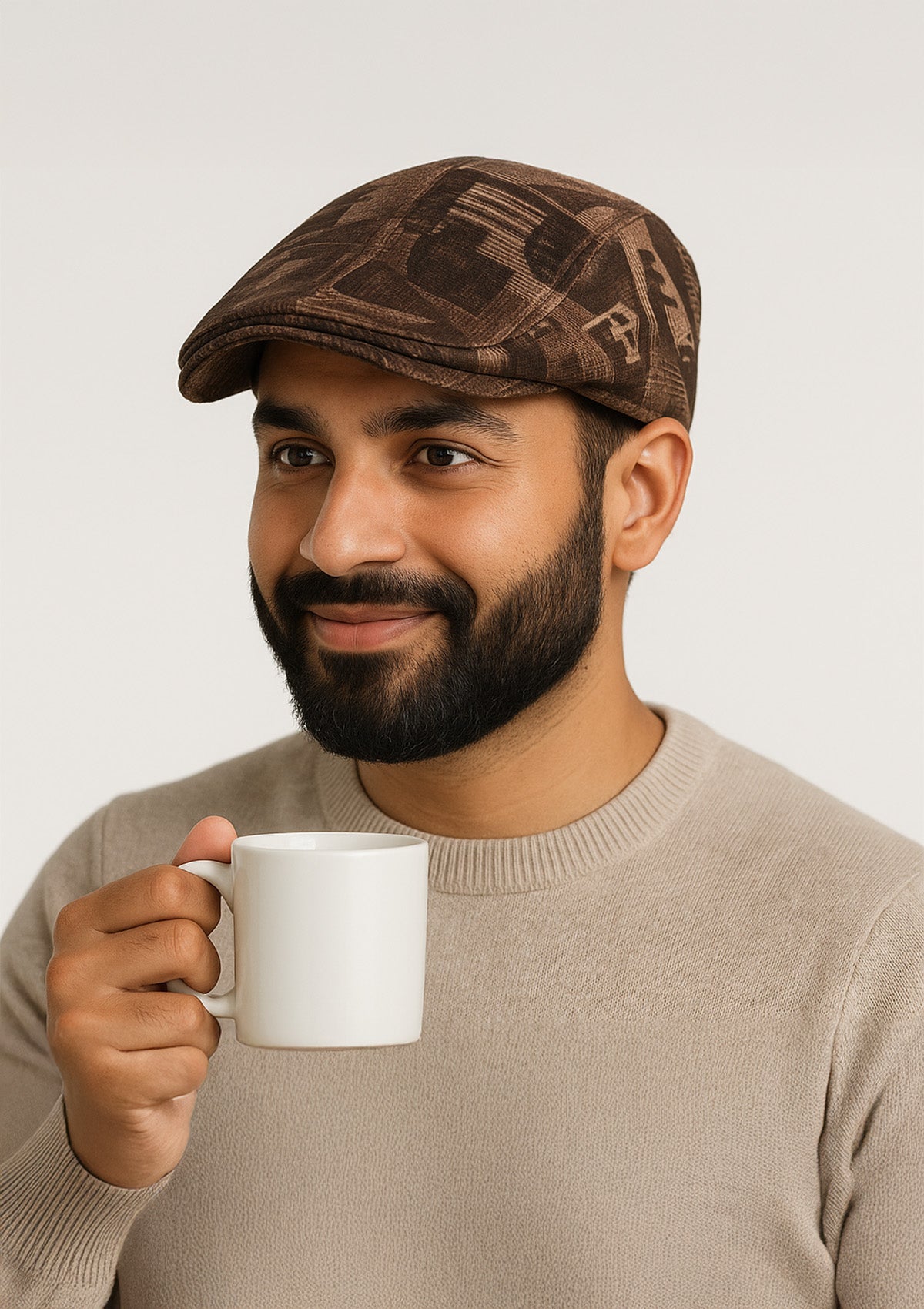 Men’s Brown Corduroy Print Flat Cap – Modern Graphic Pattern