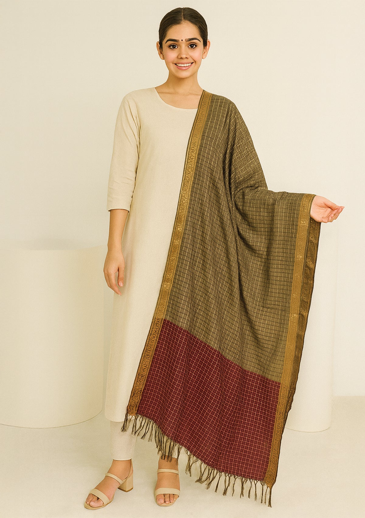 Dual Tone Silk Dupatta with Golden Border and Checkered Pattern