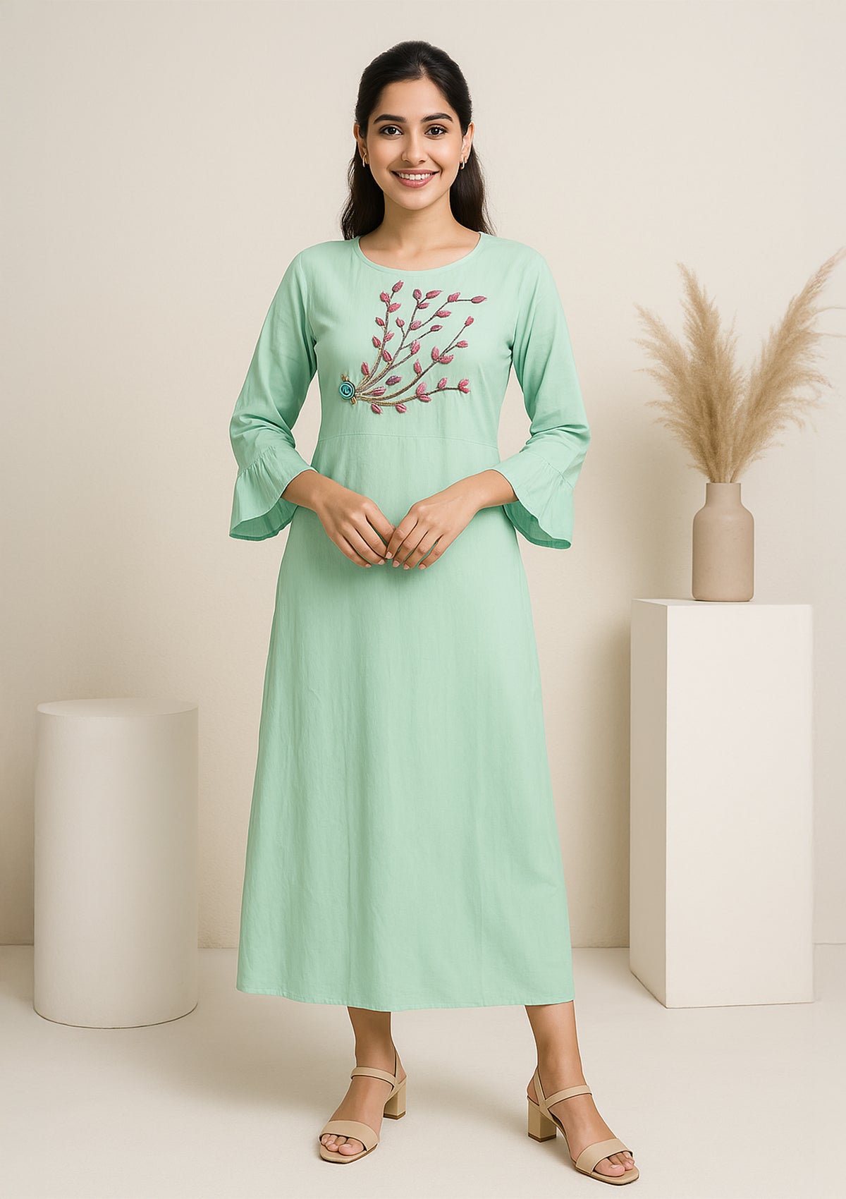 Mint Green Rayon Gown with Floral Embroidery – Stylish Daily Wear