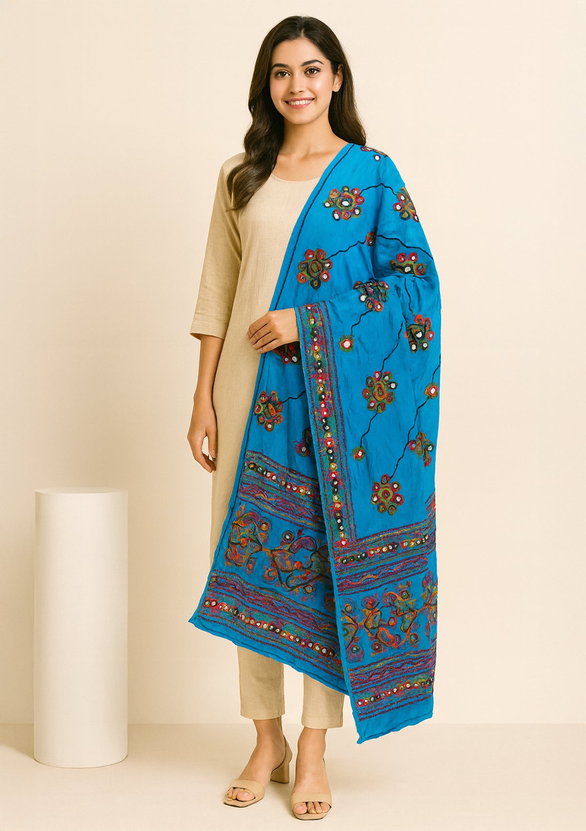 Traditional Blue Cotton Dupatta with Mirror Work & Multicolor Embroidery