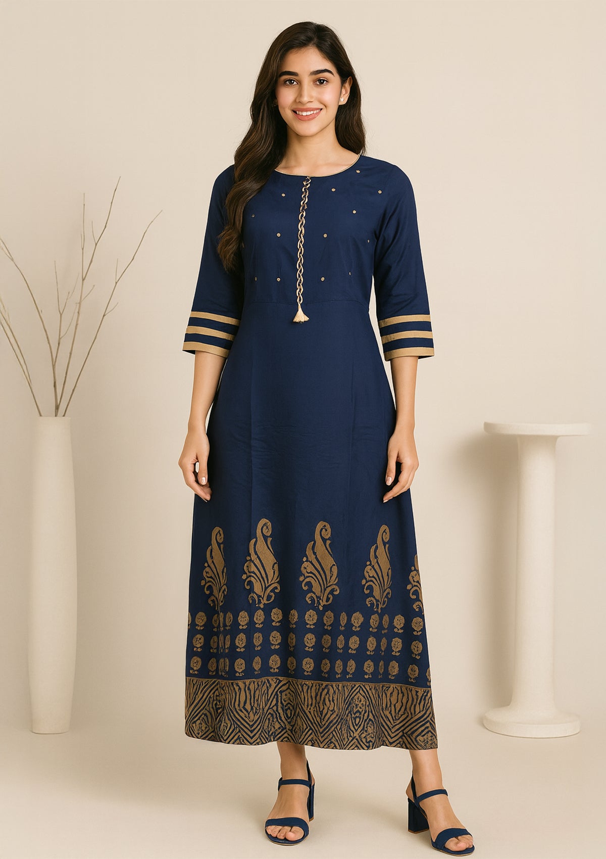 Navy Blue Rayon Printed Long Gown – Elegant Ethnic Wear