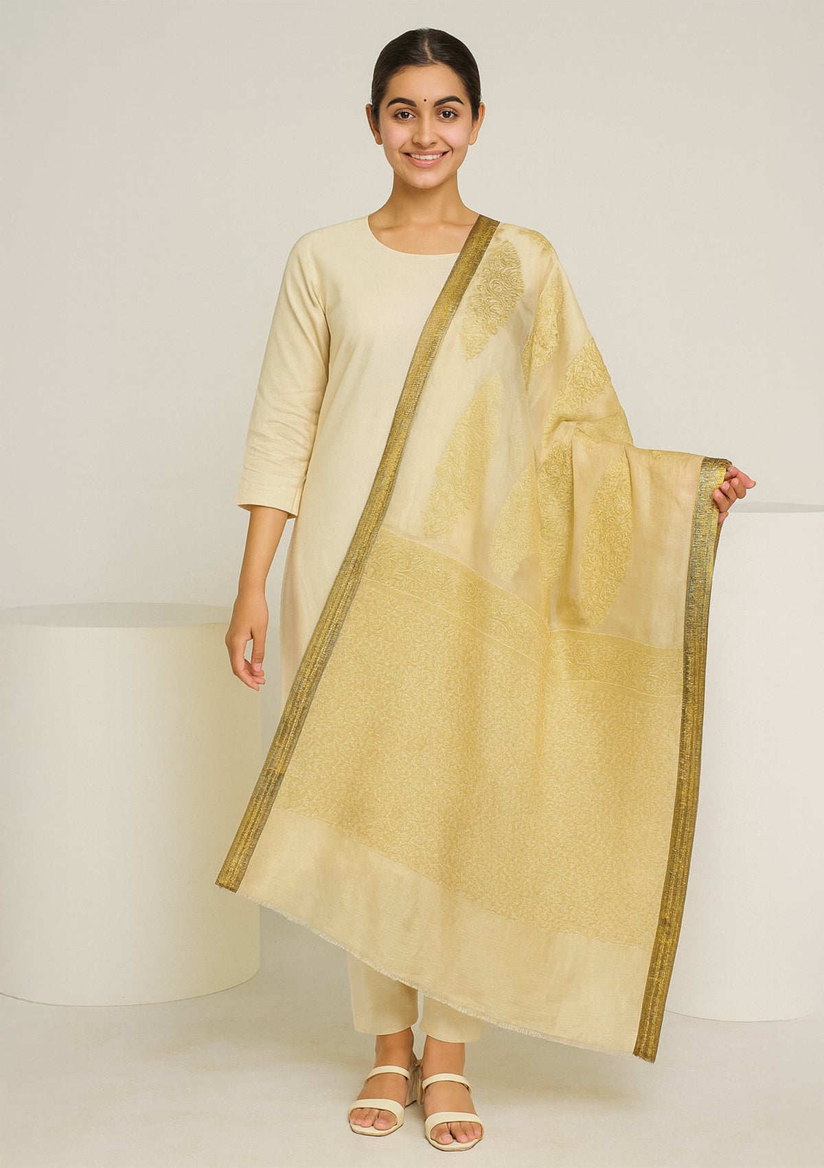 Golden Silk Dupatta with Intricate Weaving and Rich Border