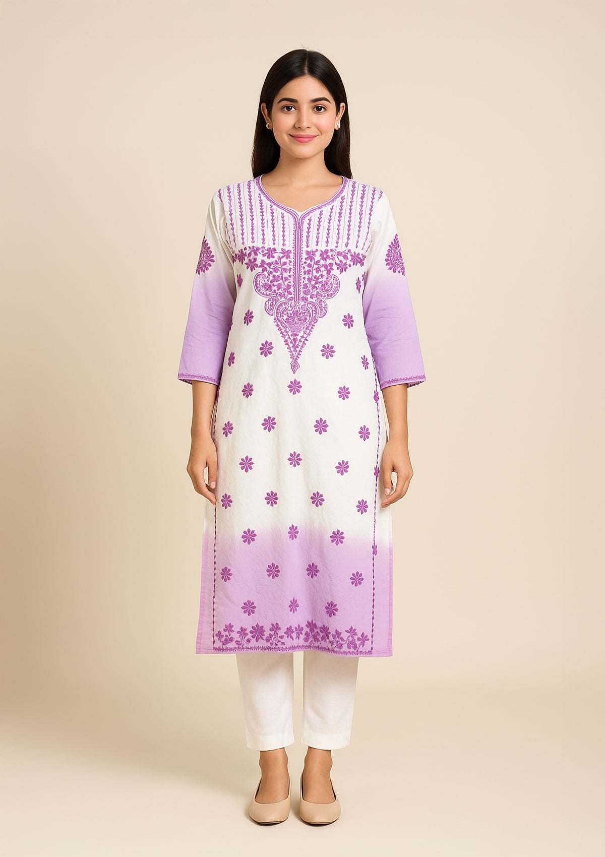 Chikankari Embroidered Women’s Kurti – Lavender & White (Cotton)