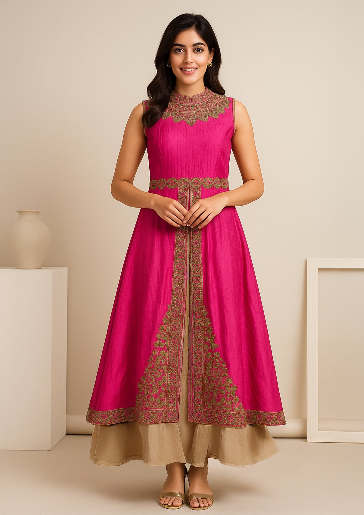 Designer Rayon Embroidered Anarkali Gown – Pink & Olive