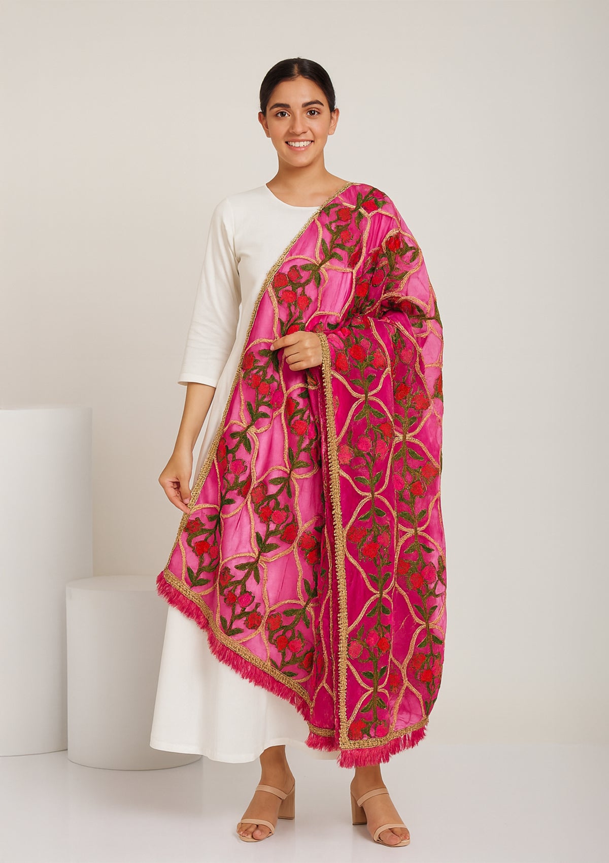 Pink Floral Embroidered Net Dupatta with Golden Border and Tassels