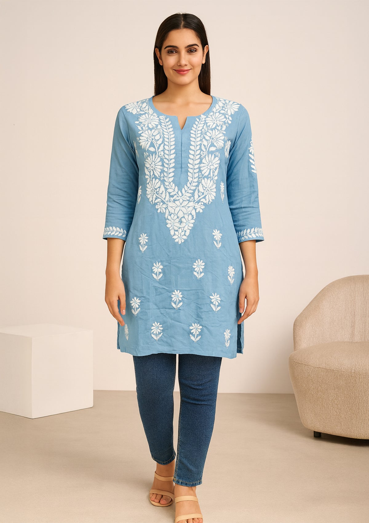 Elegant Blue Mandhal Kurti with White Chikankari Embroidery