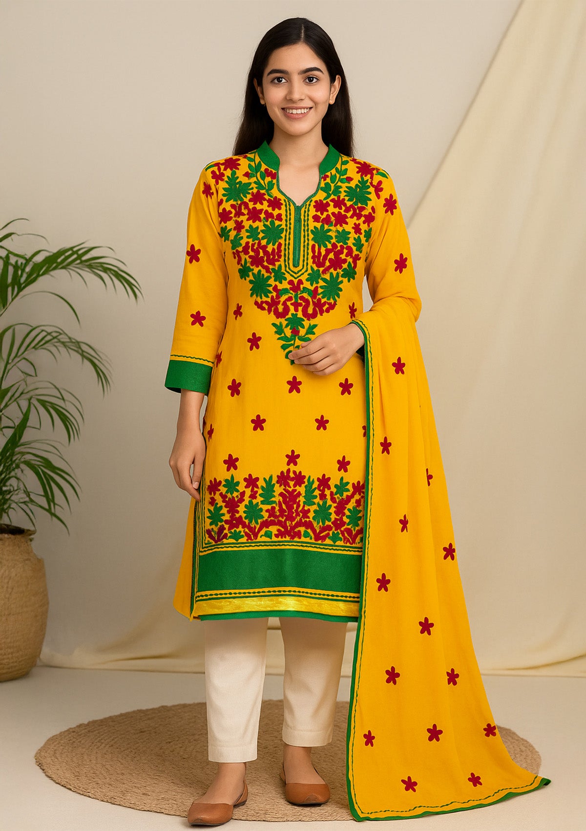 Yellow Georgette Embroidered Kurta Set with Dupatta – Floral Design