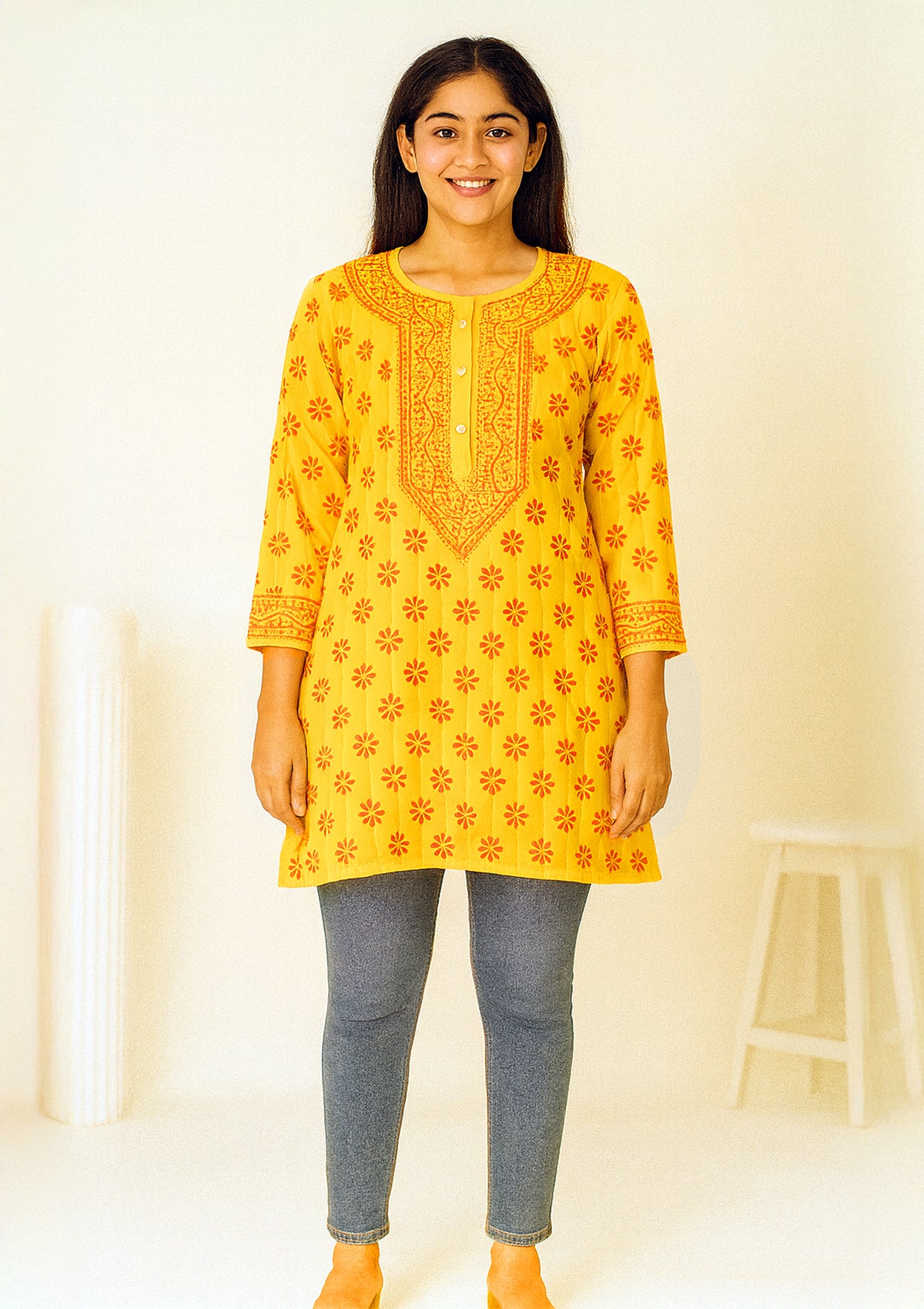 ClothingSutra Mustard Yellow Georgette Net Embroidered Kurti – Sequin Work 42