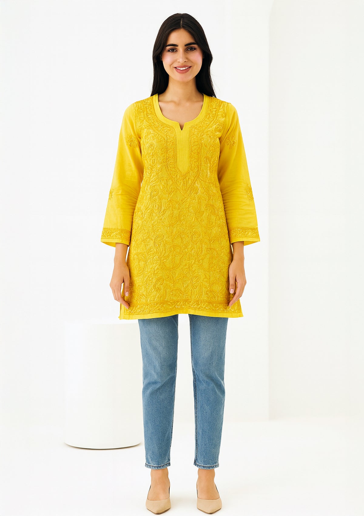 Mustard Yellow Cotton Short Kurti with Rich Hand Embroidery