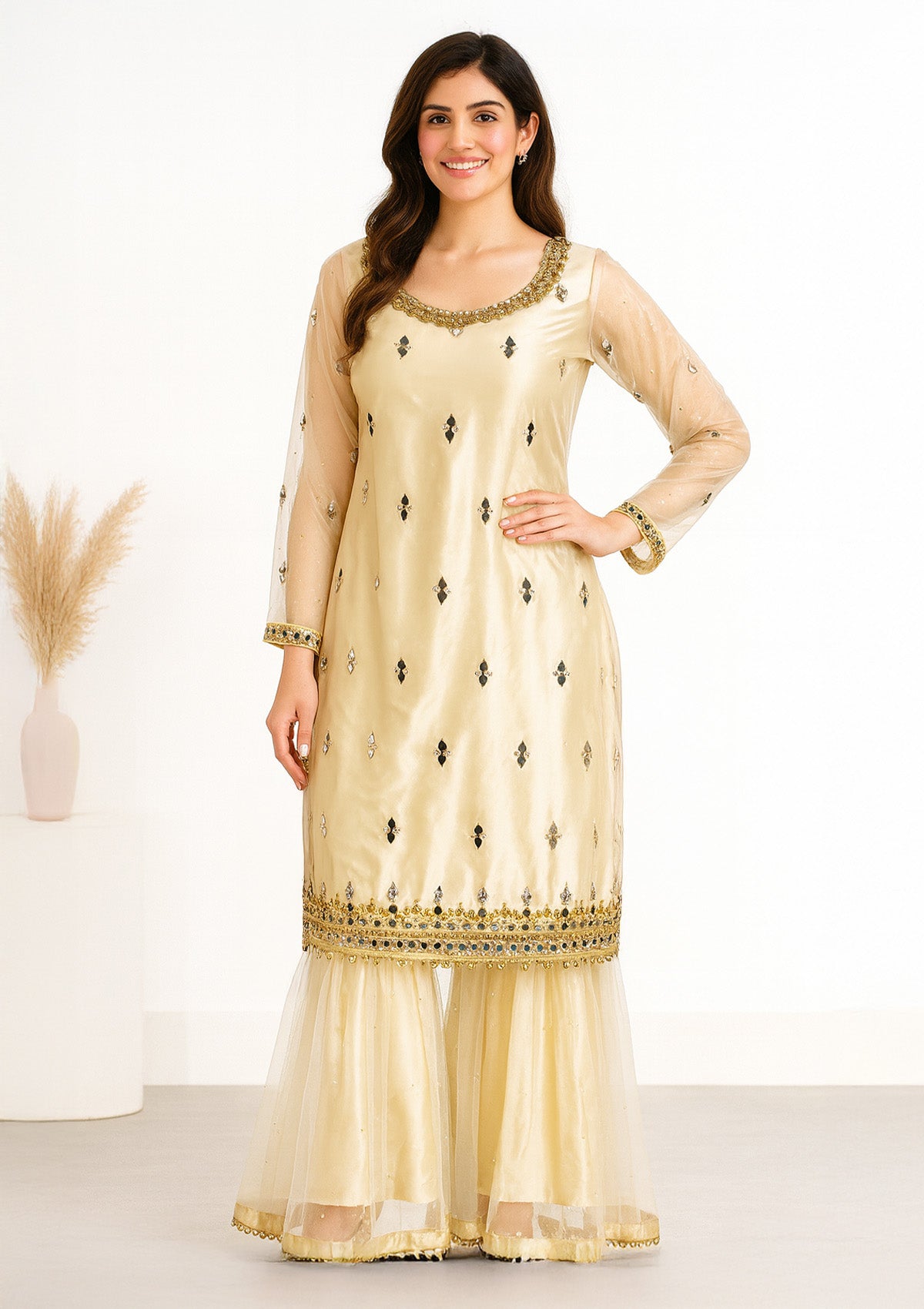 Cream Sharara Suit – Net on Silk with Intricate Mirror & Stone Work